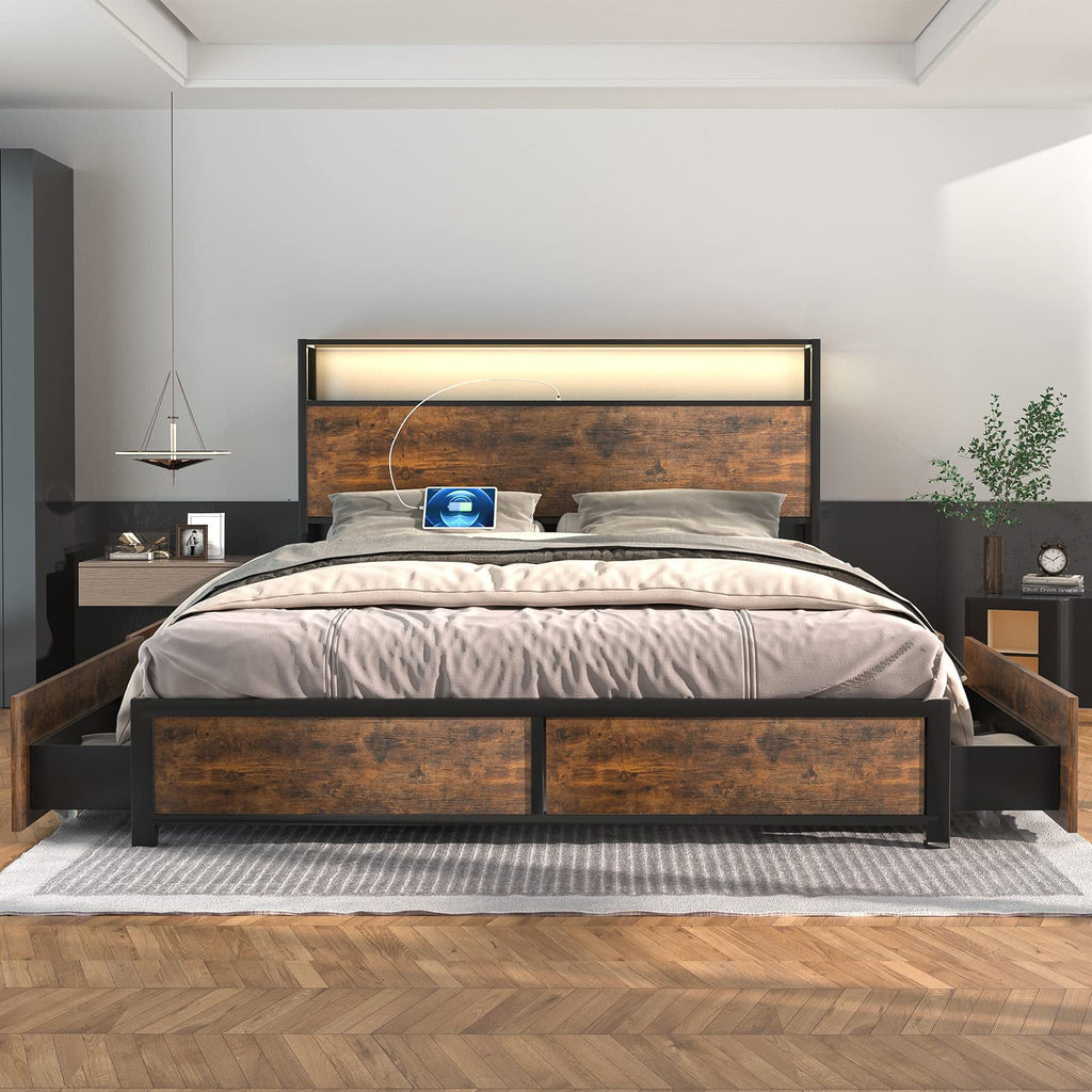 Full LED Bed Frame with Storage Headboard + 4 Drawers + Power Station, Industrial Metal Platform Bed, No Need Spring Box(Tan-Full)