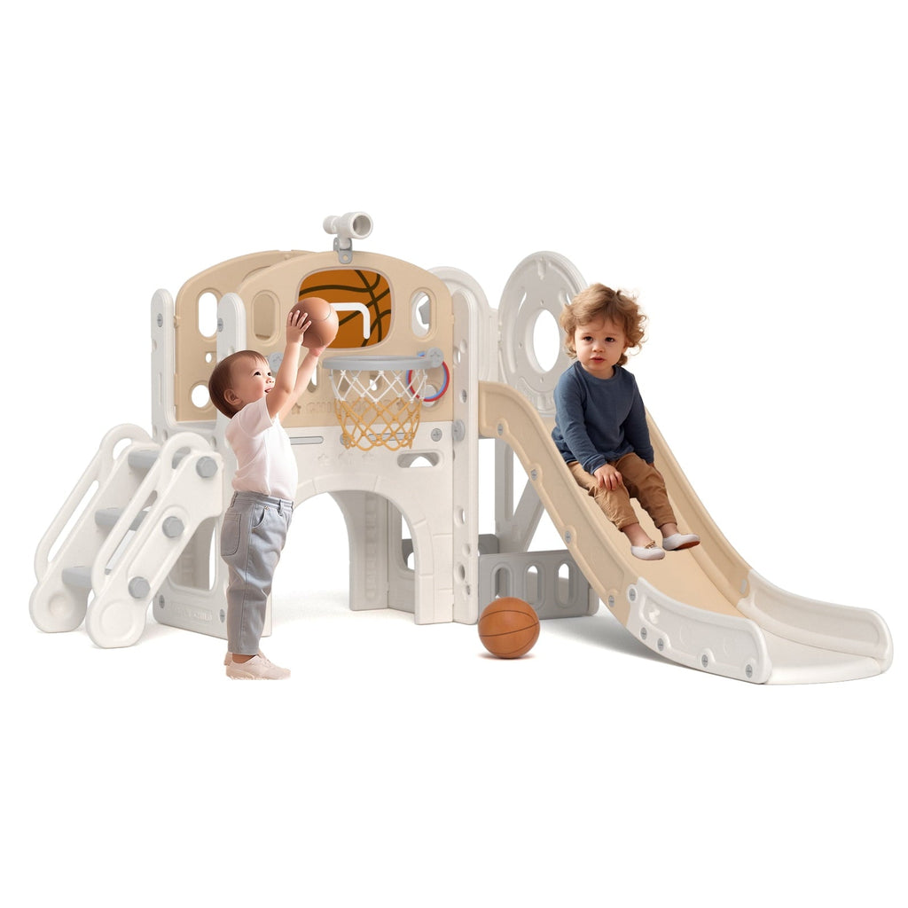 KORIMEFA 7-in-1 Kids Slide with Climber, Toddler Climber Slide Play Set with Basketball Hoop, Tunnel, Telescope and Storage Space, Indoor Outdoor Playground Slide