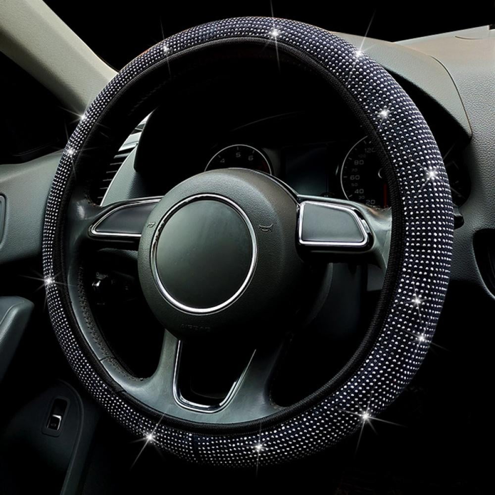 Diamond Leather Steering Wheel Cover with Bling Bling Crystal Rhinestones, Universal Fit 15 Inch Car Wheel Protector for Women Girls