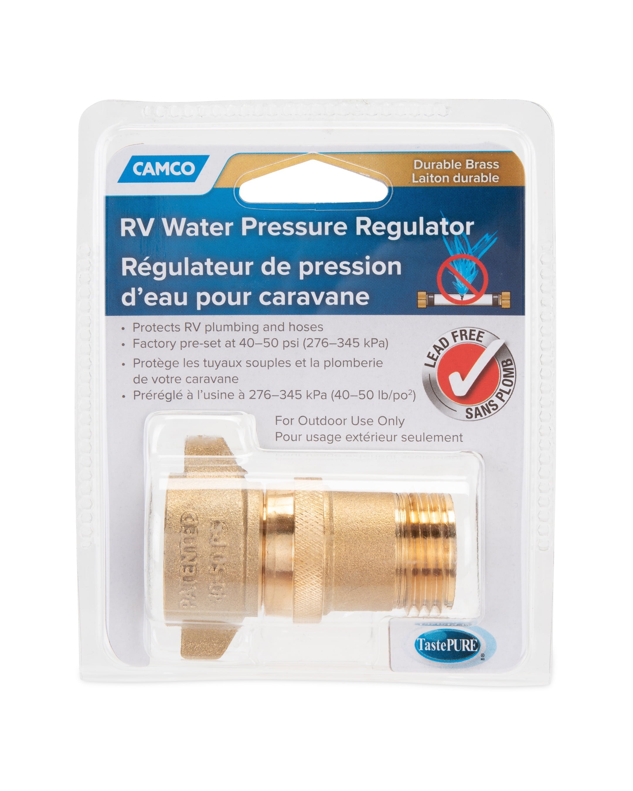 Camco Brass Water Pressure Regulator | Reduces Water Pressure to a Safe and Consistent 40-50 PSI | Protect Appliances and Prolong Equipment Life (40051)