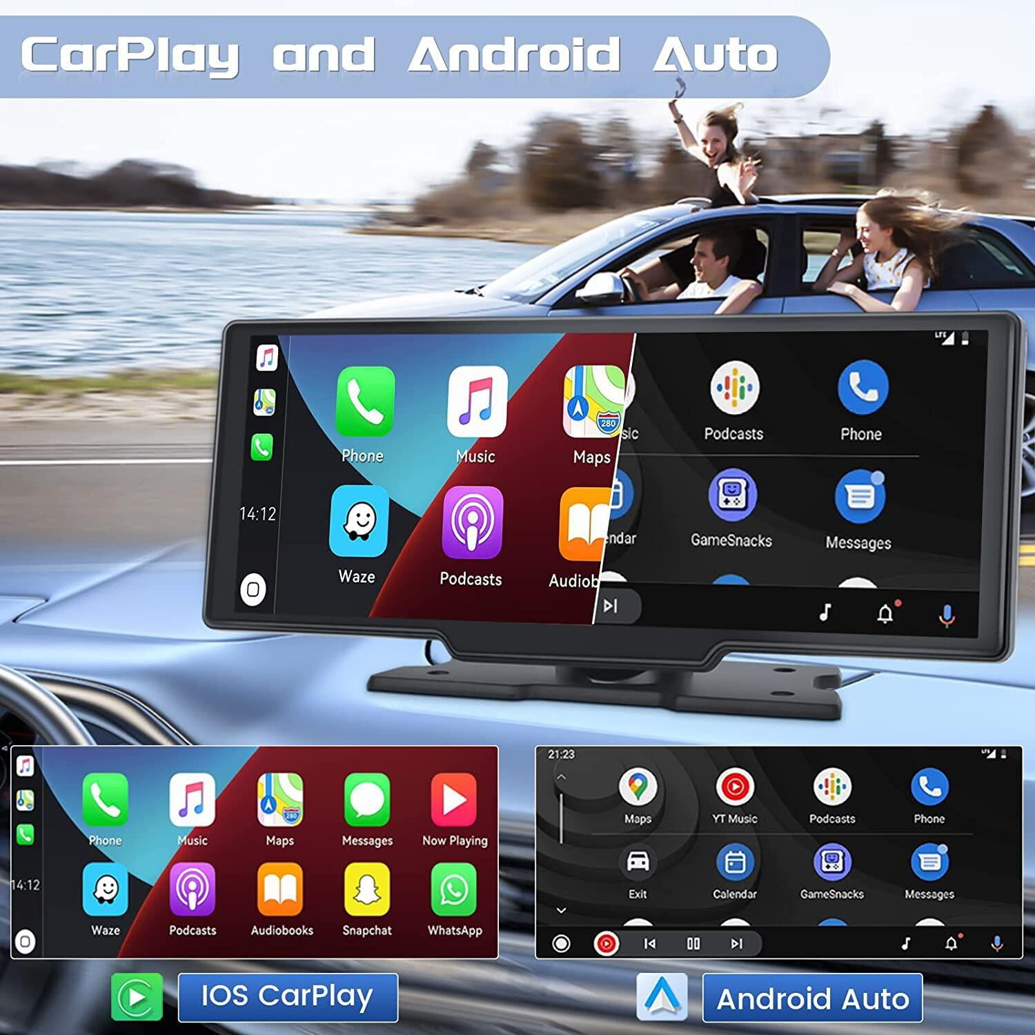 Podofo 7-32V 10.26" Portable Car Stereo Radio Wireless Carplay Android Auto HD Touch Screen Player FM Bluetooth Voice Control for (No Rearview Camera)
