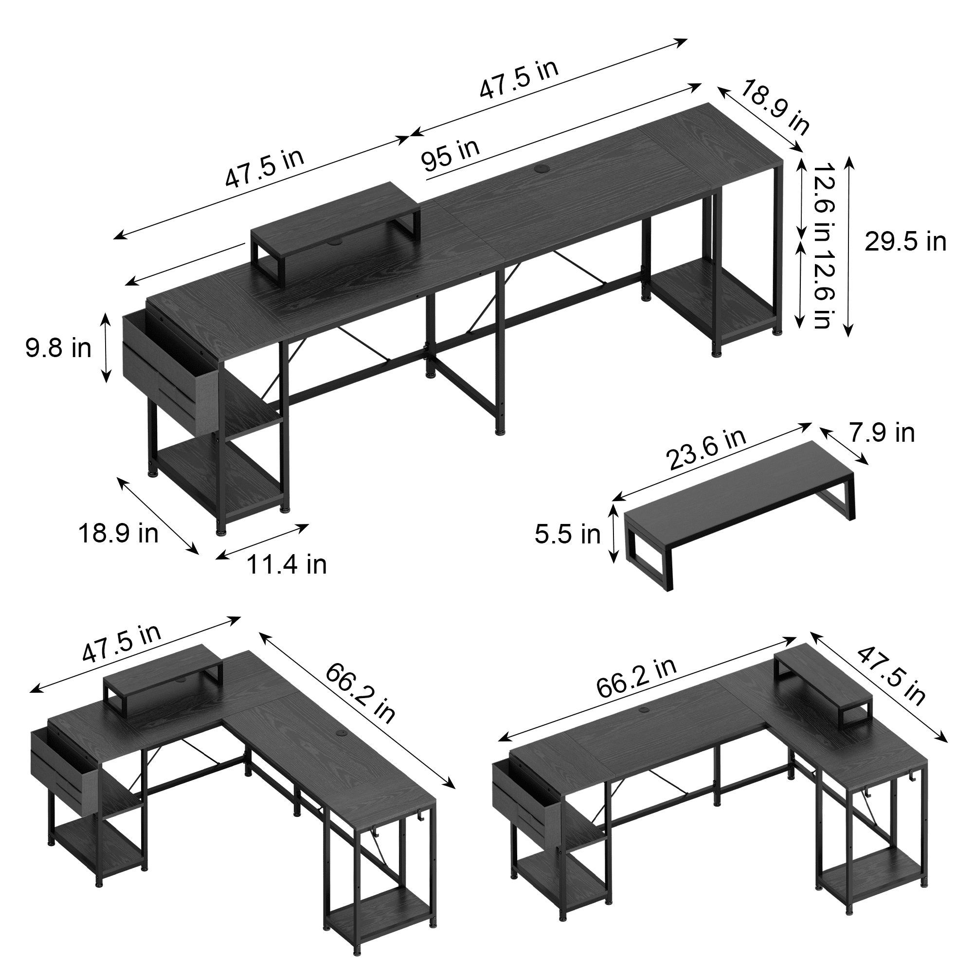 Lulive L-Shaped Computer Desk, 95" Reversible Computer Desk Office Desk with 3 Shelves/Monitor Stand/ Storage Bag/Hooks for Home Office, Black
