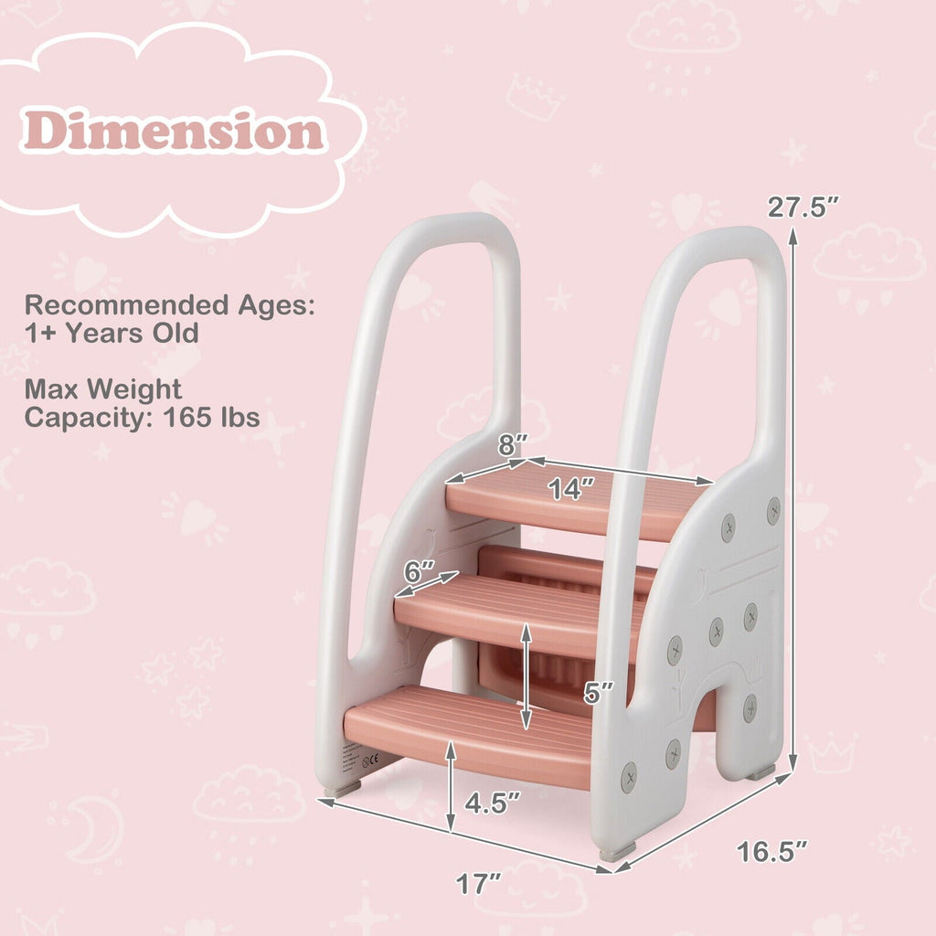 Exdeerjoy Kids 3-Step Stool, Toddler Stepping Stool with Handles, Plastic Learning Helper Stool Pink