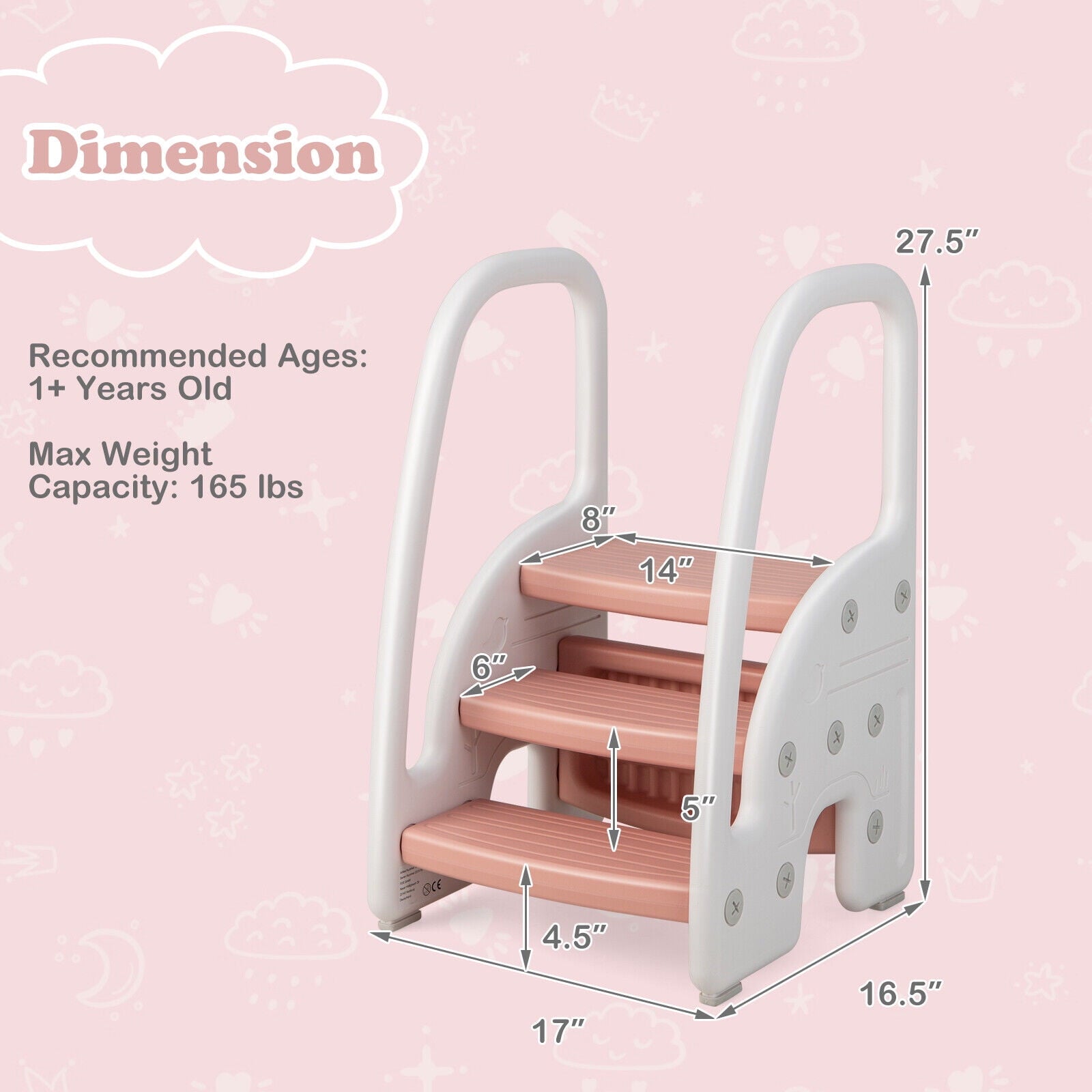 Exdeerjoy Kids 3-Step Stool, Toddler Stepping Stool with Handles, Plastic Learning Helper Stool Pink