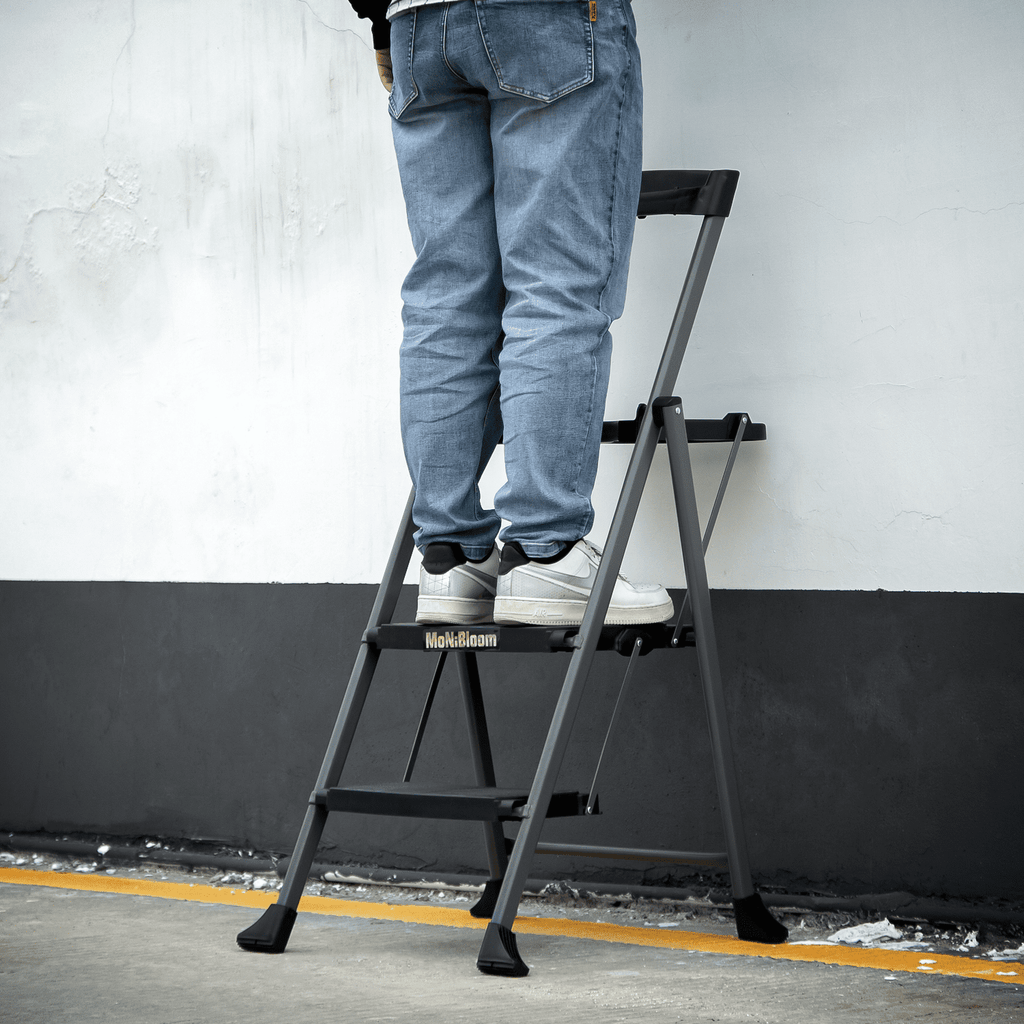 MoNiBloom 2 Step Ladder with Tool Tray, 331 lbs Weight Capacity, Steel Folding Stool With Non-Slip Wide Pedal, Black