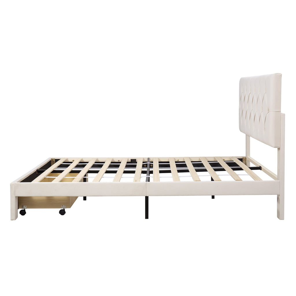Queen Bed Frame with 1 Big Storage Drawer, Velvet Button Tufted Upholstered Platform Bed with Headboard for Teens Adults, Beige