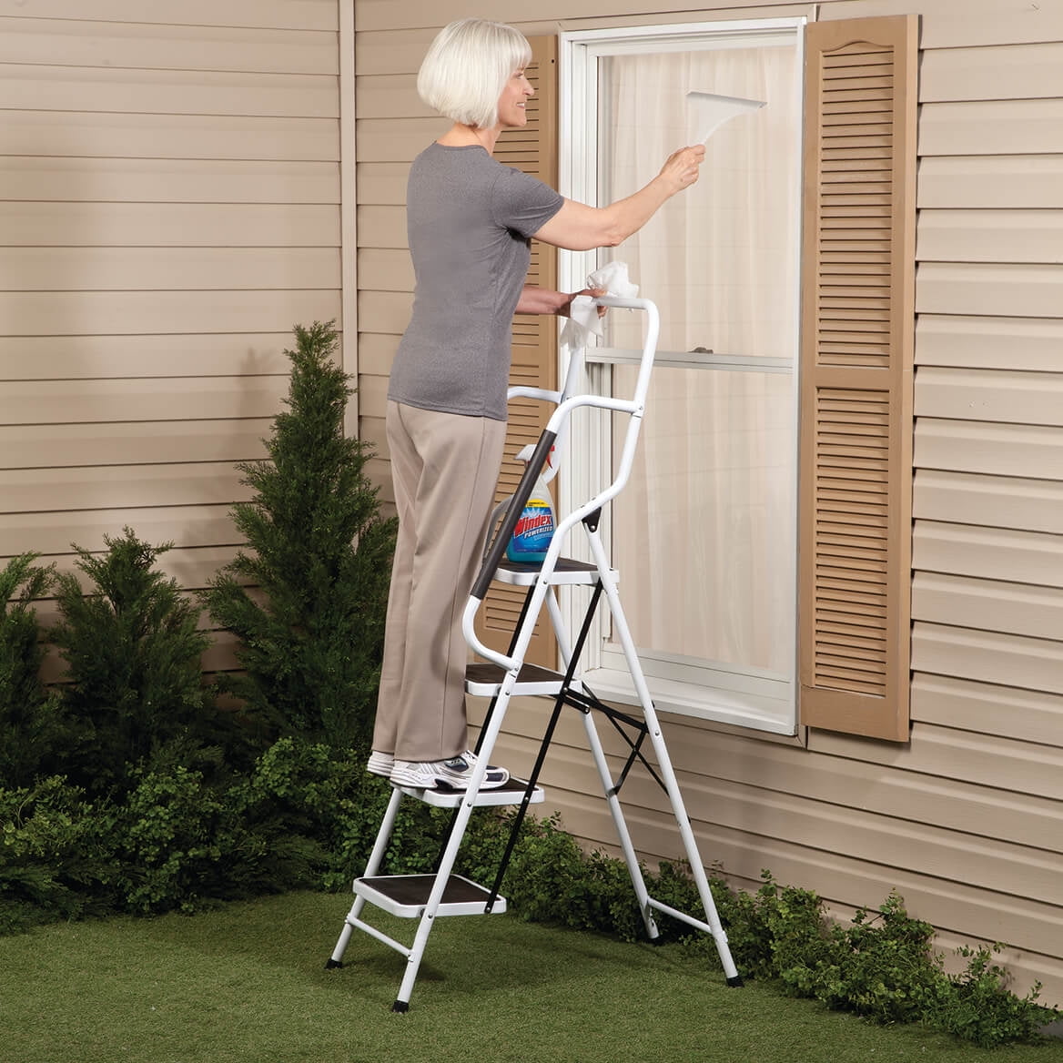 LivingSURE Folding 4-Step Safety Ladder - Heavy Duty Steel, Anti-Slip Treads, Padded Handrails - Space Saving Design - Perfect for Home, Kitchen, Office - 32 x 21 x 66 inches