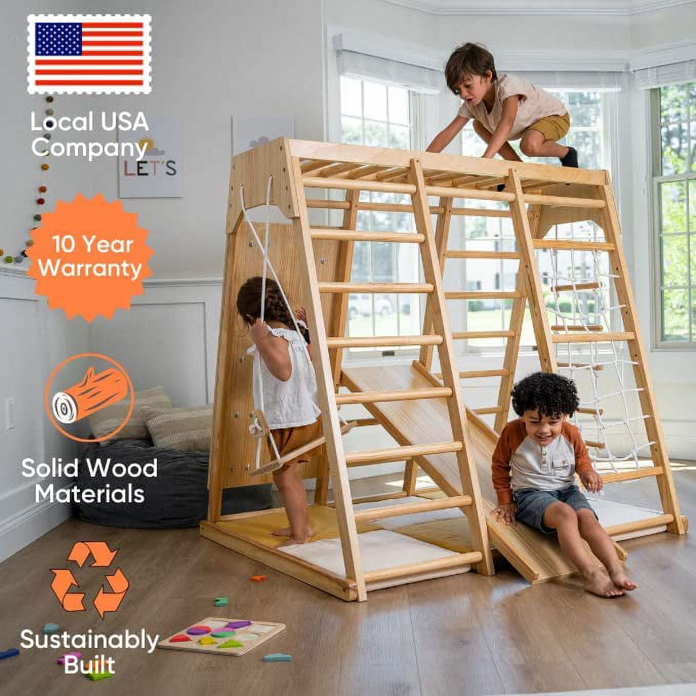 Avenlur Indoor Toddler and Child Indoor Gym Playground Climber - Real Wooden Playset 6-in-1 Slide, Rock Climb Wall, Rope Wall Climbing, Monkey Bars, Swing, Ladder Fun Gym for Children