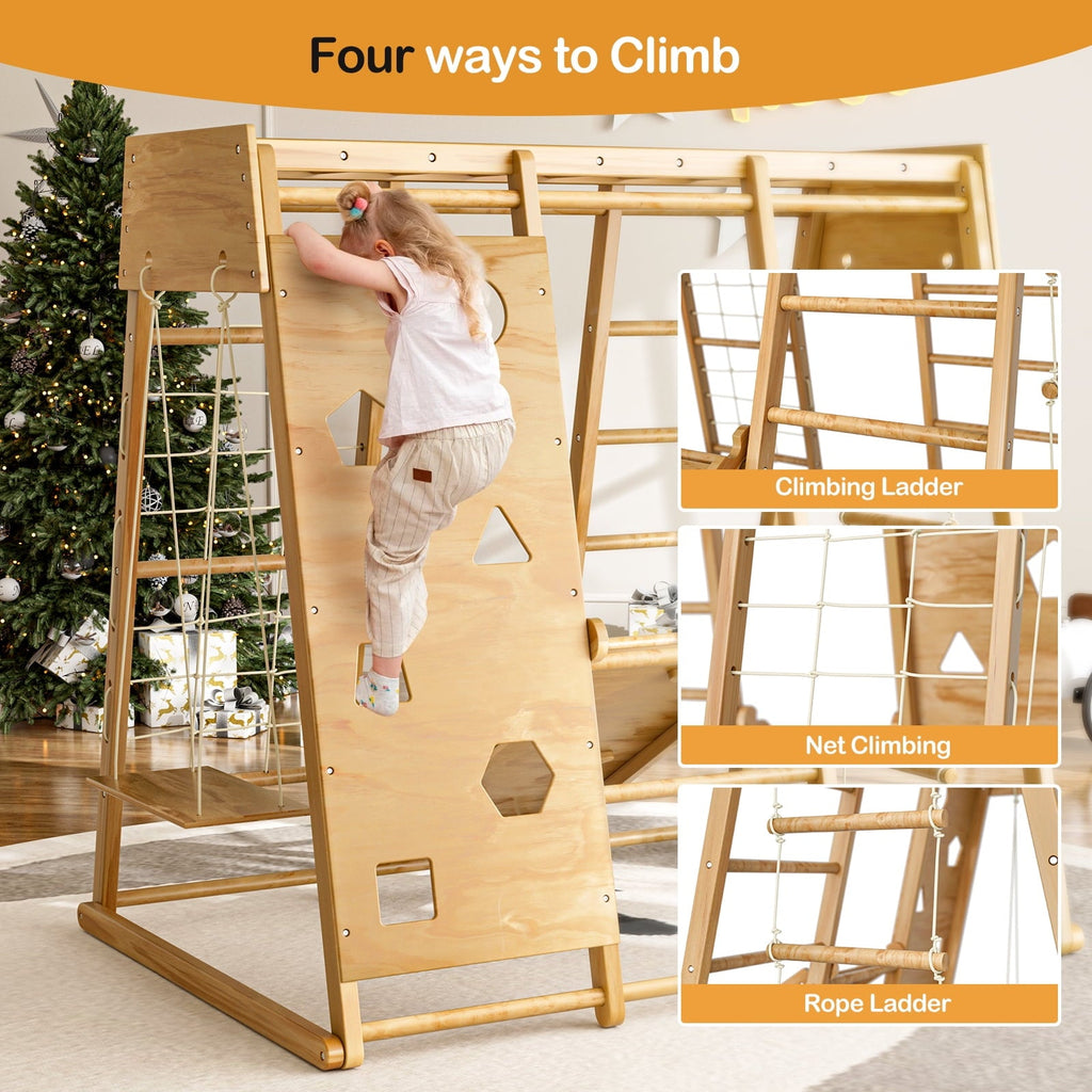 GIKPAL 8-in-1  Wooden Indoor Kids Playground Jungle Gym with Slide, Toddlers Wooden Climber with Slide Playset, Wooden Rock Climbing Wall with Rope Wall Climb, Monkey Bars, and Swing for Kids