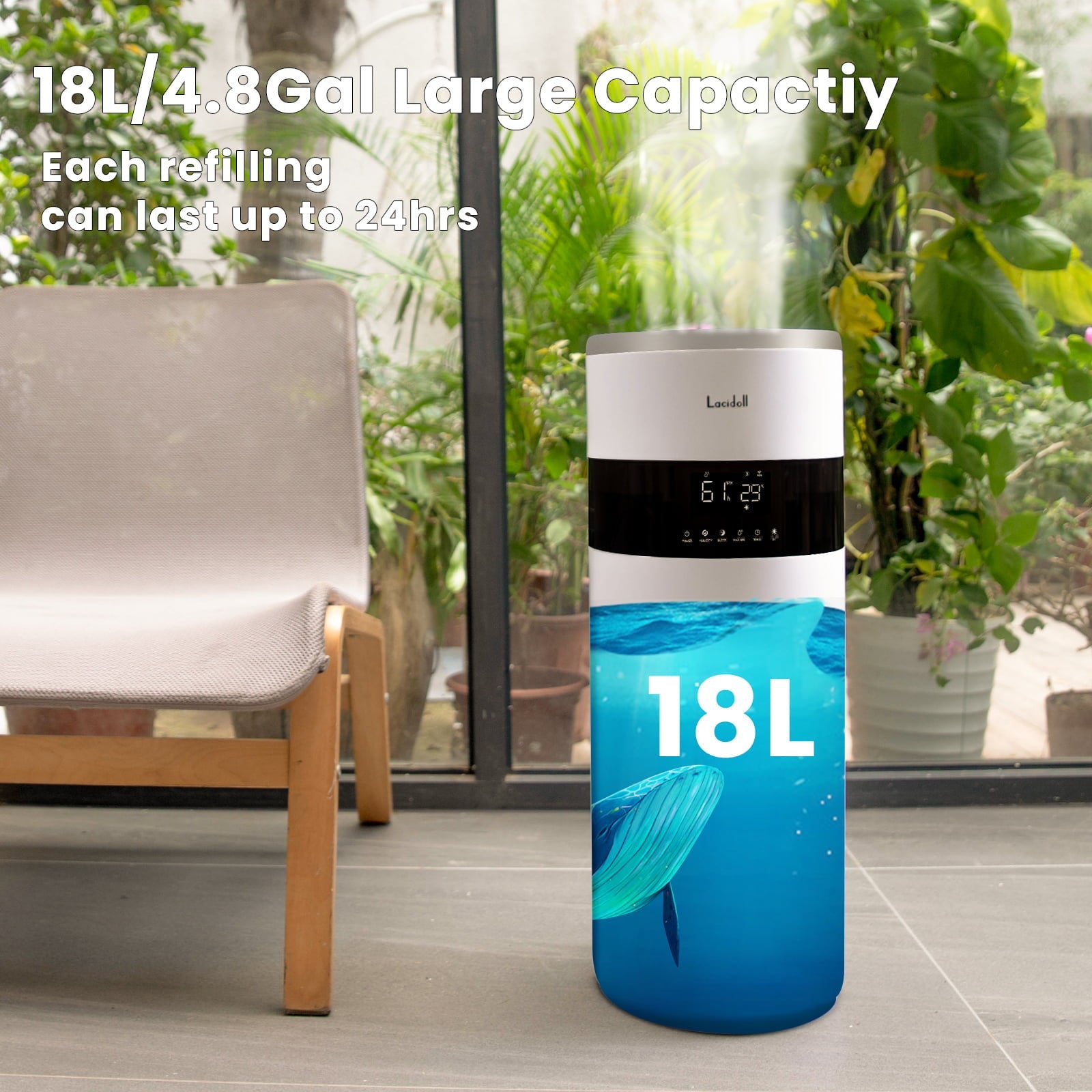 Lacidoll Humidifiers for Large Room - 4.8Gal/18L Wholehouse Humidifier 2000 Sq.ft -  Top Fill, Remote, Timer, 2000ml per Hour Mist Output