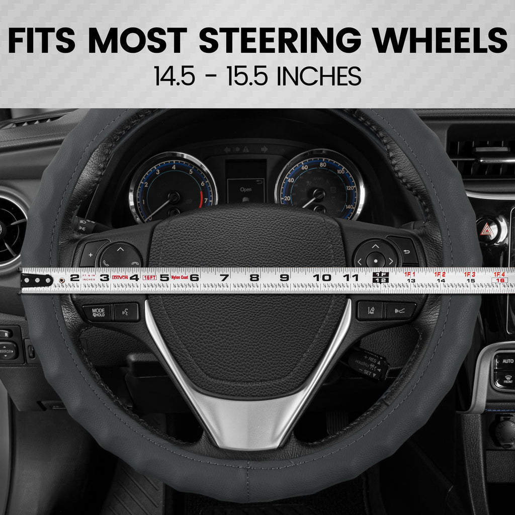 BDK Leather Car Steering Wheel Cover 14.5"-15.5" (Medium/Gray) -Universal Fit, Easy Installation