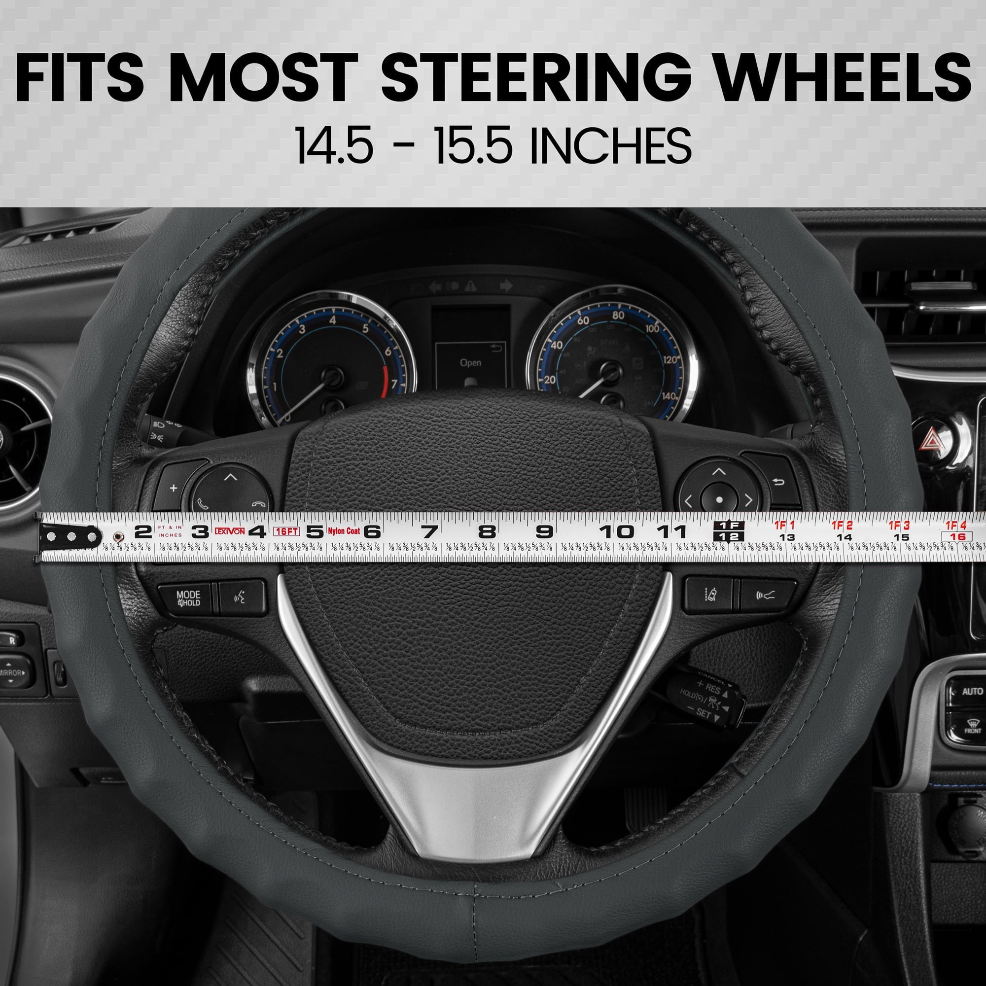 BDK Leather Car Steering Wheel Cover 14.5"-15.5" (Medium/Gray) -Universal Fit, Easy Installation