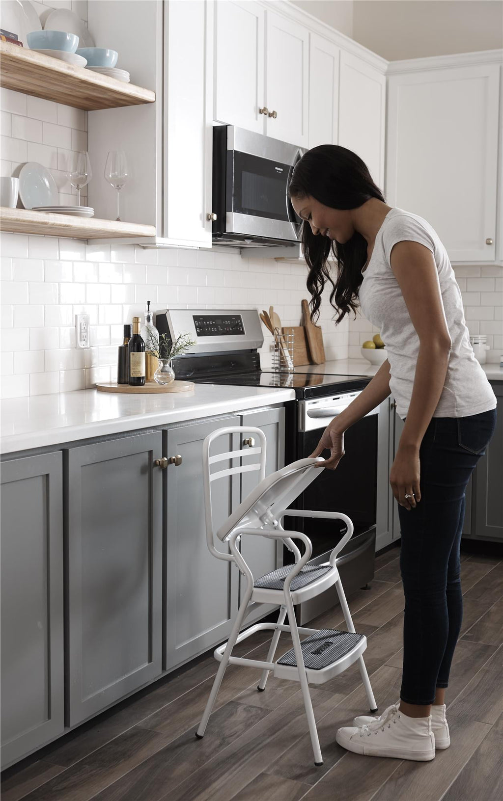 COSCO Stylaire Retro Chair + Step Stool with flip-up seat (white, one pack)