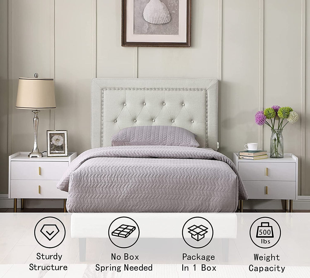 Twin Upholstered Platform Bed Frame with 48" Tall Adjustable Headboard - Button Tufted Cloth Bed - Beige - Oliver & Smith - Berlin