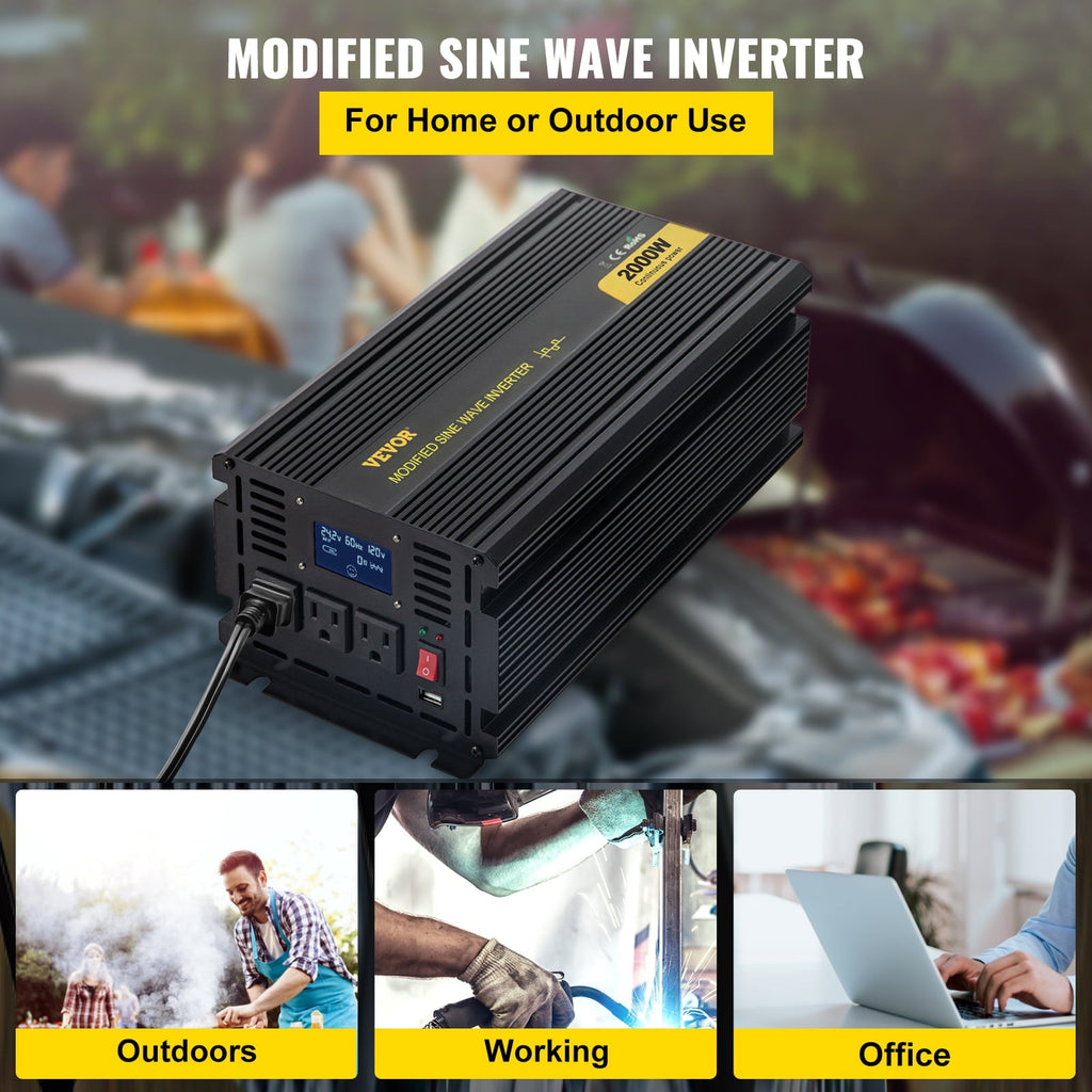 VEVOR Power Inverter 2000W Modified Sine Wave Inverter DC12V to AC120V Car Converter with USB Port LCD Display Remote Controller LED Indicator AC Outlets Inverter for Car RV Truck Boat Travel Camping