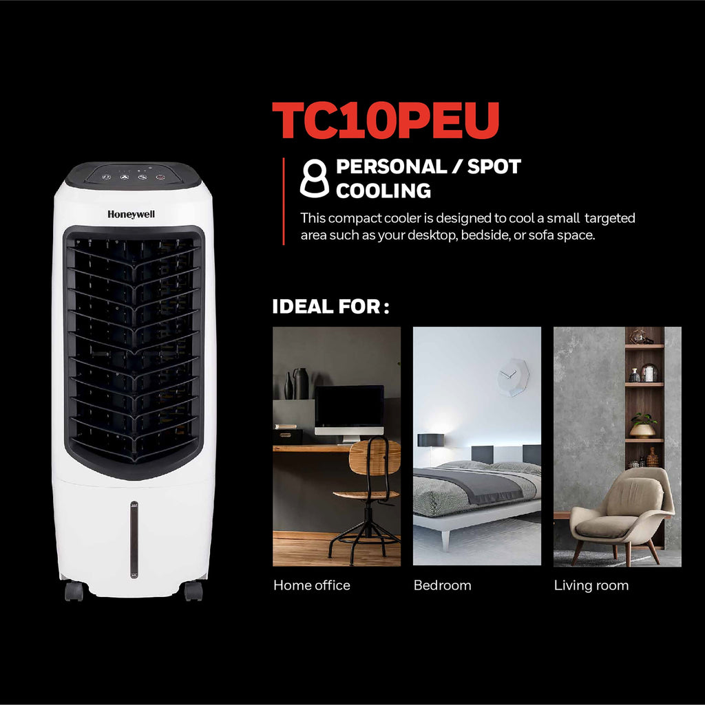 Honeywell Portable Evaporative Cooler with Fan, Humidifier & Remote, 29.6" TC10PEU, White