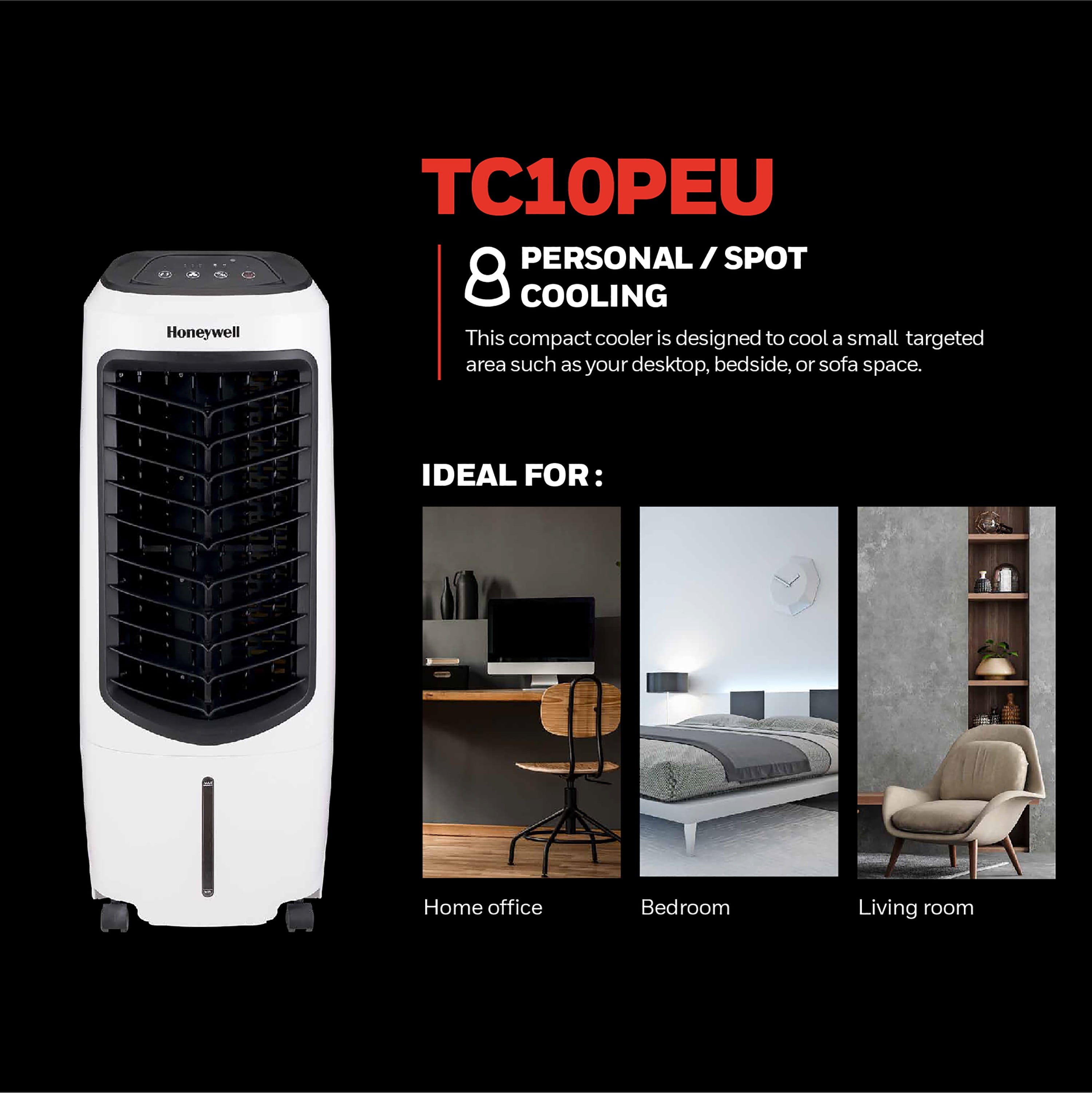 Honeywell Portable Evaporative Cooler with Fan, Humidifier & Remote, 29.6" TC10PEU, White