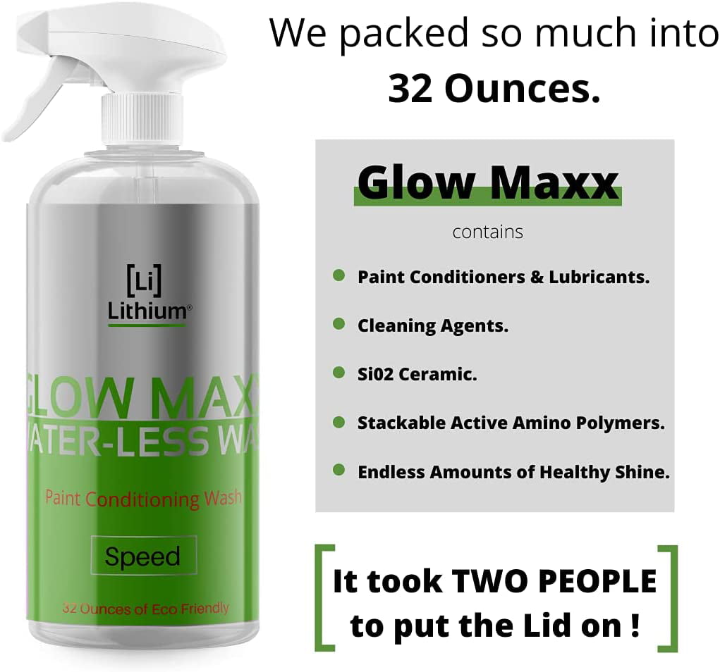 Glow Maxx Waterless Car Wash, Cleans and Protects, Hydrates And Lubricates Paint To Reduce Scratching, Leaves a great shine, Saves water. Extremely Hydrophobic,Wash your car anywhere quickly. 32oz
