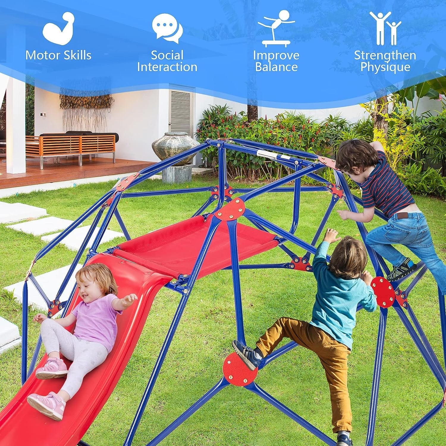 OLAKIDS Climbing Dome with Slide, Kids Outdoor Jungle Gym Geodesic Climber, Steel Frame, 8FT Climb Structure Backyard Playground Center Equipment for Toddlers 3-8
