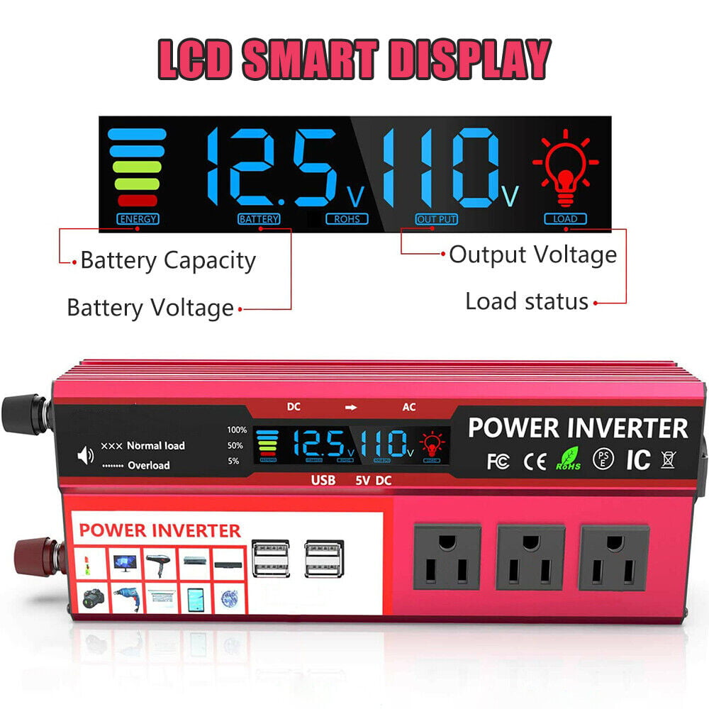 1000W Car Power Inverter 500W DC 12V to AC 110V Pure Sine Wave Solar Converter