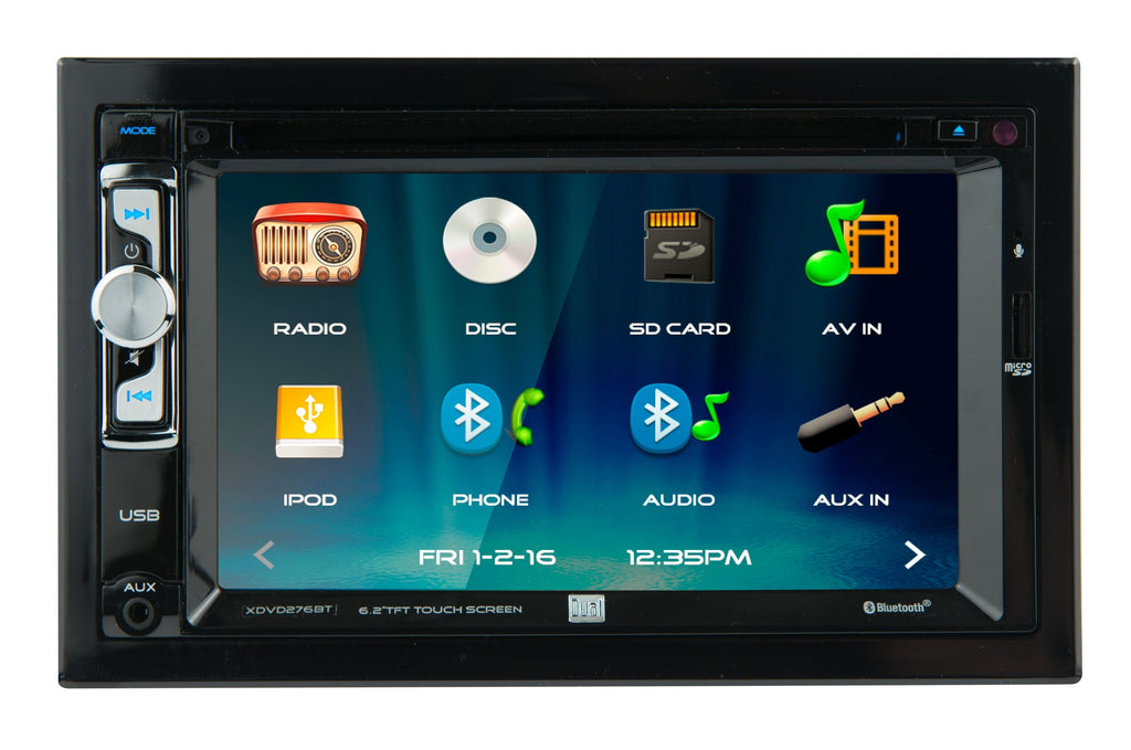 Dual Electronics XDVD276BT 6.2 inch LED Backlit LCD Multimedia Touch Screen Double Din Car Stereo with Built-in Bluetooth, iPlug, CD/DVD Player and USB/microSD Ports