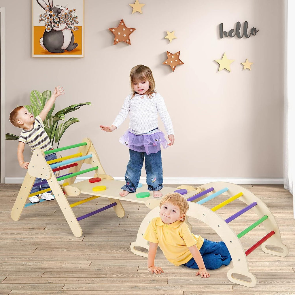 OLAKIDS Climbing Triangle Set, 5 in 1 Kids Wooden Montessori Climber Toy with Ramp Ladder Arch Slide for Gym Playground, Indoor Outdoor Climb Activity Jungle Play Structure for Toddlers 1-3