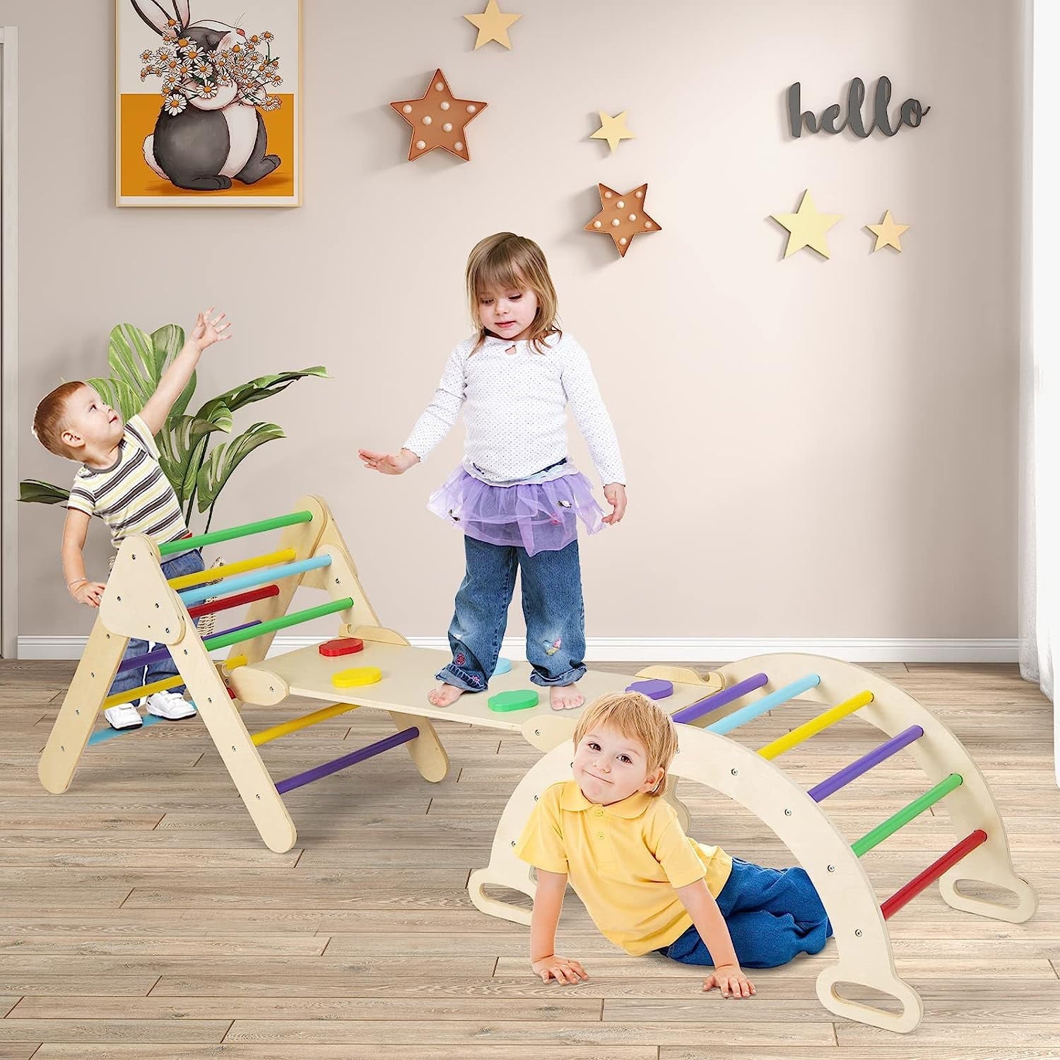 OLAKIDS Climbing Triangle Set, 5 in 1 Kids Wooden Montessori Climber Toy with Ramp Ladder Arch Slide for Gym Playground, Indoor Outdoor Climb Activity Jungle Play Structure for Toddlers 1-3