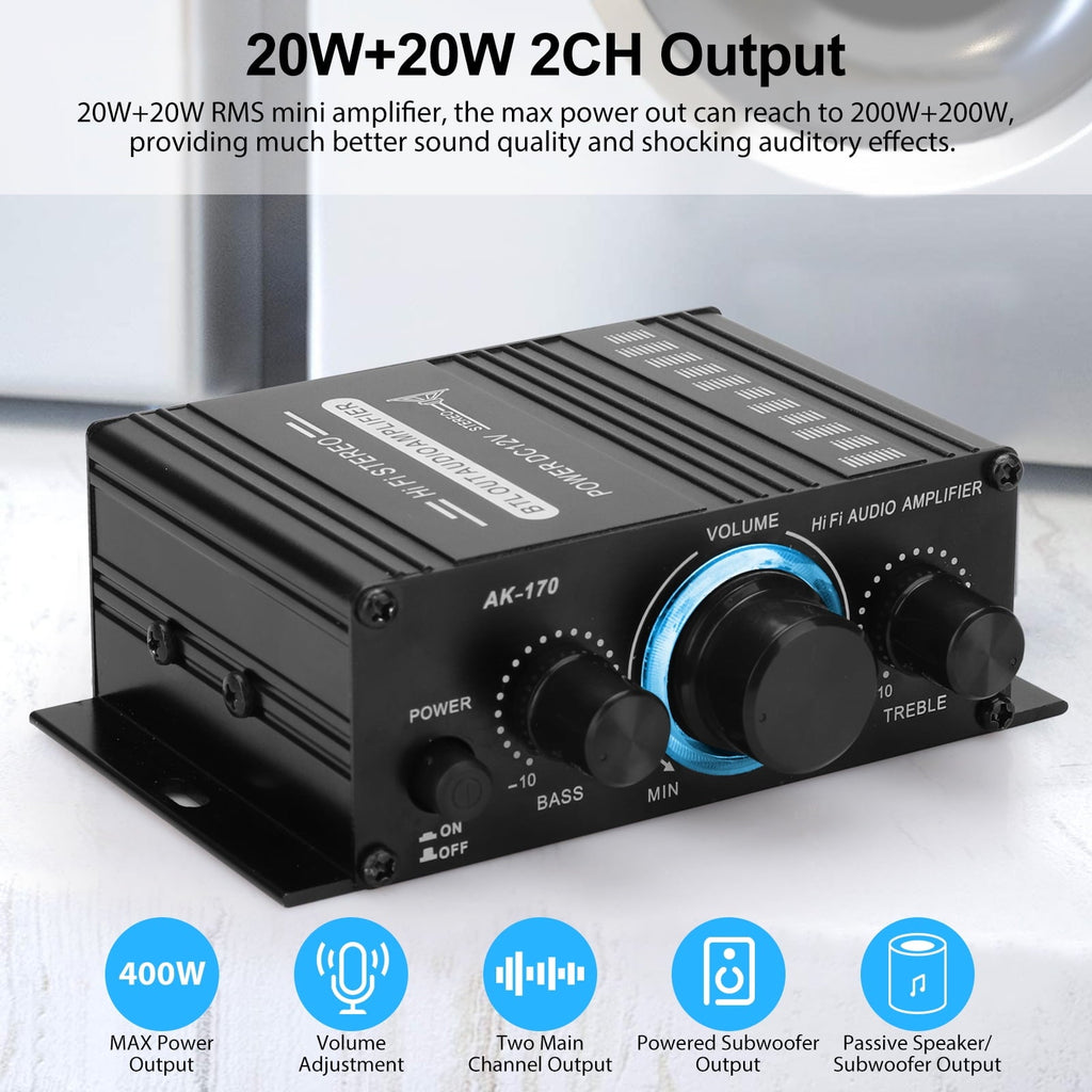 Lingsida Audio Power Amplifier, 20W+20W Mini HiFi Stereo Audio Amplifier, 2CH Subwoofer Amp Stereo Bass Audio Player for Auto Car Mp3 Mp4 PC Speaker, Black
