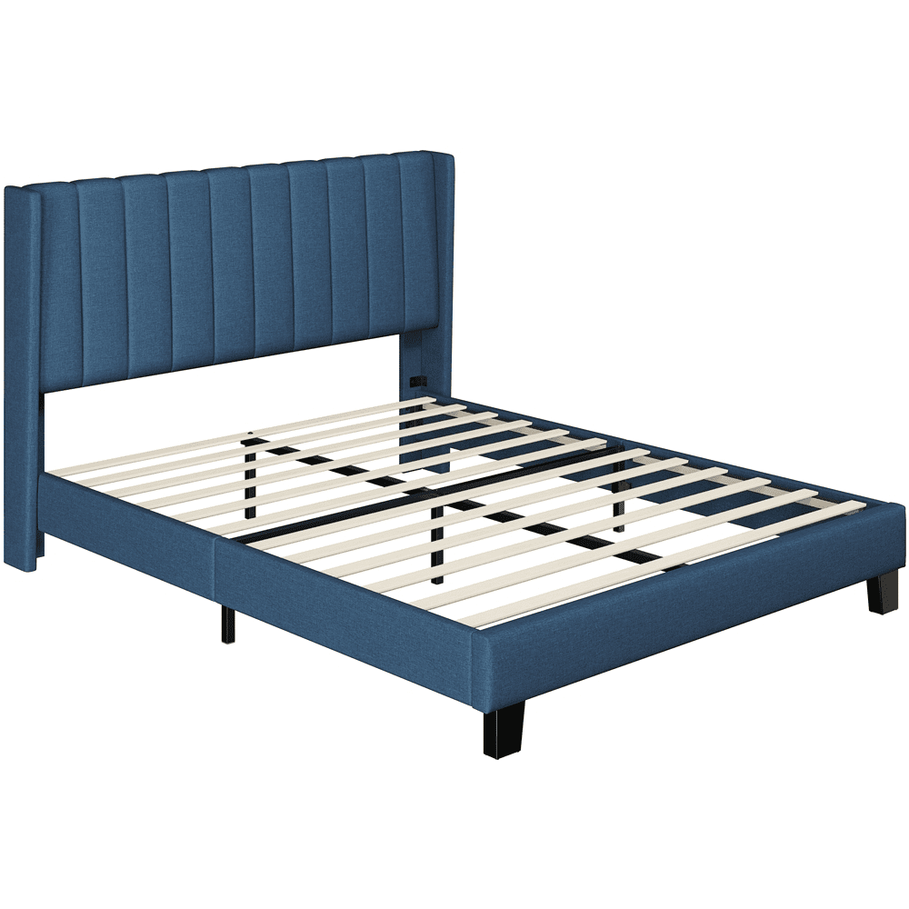 Topeakmart Queen Platform Bed with Upholstered Headboard & Mattress Foundation, Navy Blue