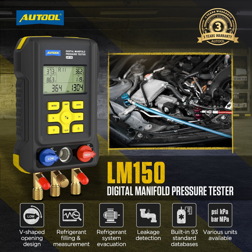AUTOOL Air-Conditioning Refrigerator Refrigeration Digital Manifold Gauge Set, HVAC Pressure Gauge Tools, 3.5 Inch Display Vacuum Leak Detector, Support 93 Kinds Refrigerant, LM150