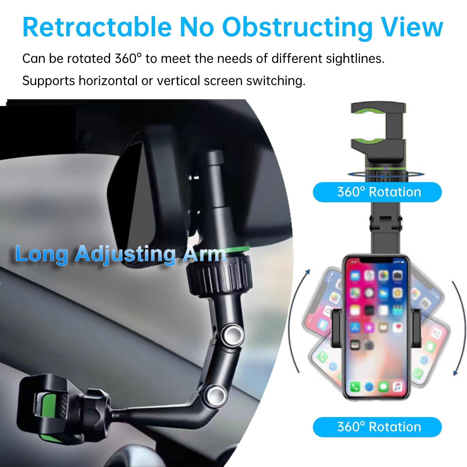Car Phone Holder, TSV Cell Phone Mount for Rearview Mirror, Universal Phone Stand for Rear View Back Seat Compatible with iPhone 14 13 12 11 Pro Max Mini, Samsung
