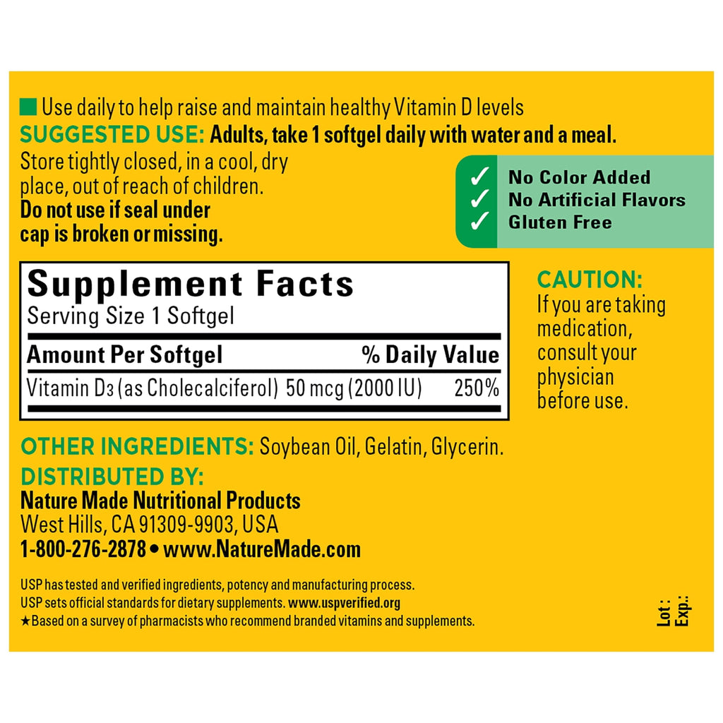 Nature Made Vitamin D3 2000 IU (50 mcg) Softgels, Dietary Supplement for Bone and Immune Health Support, 260 Count