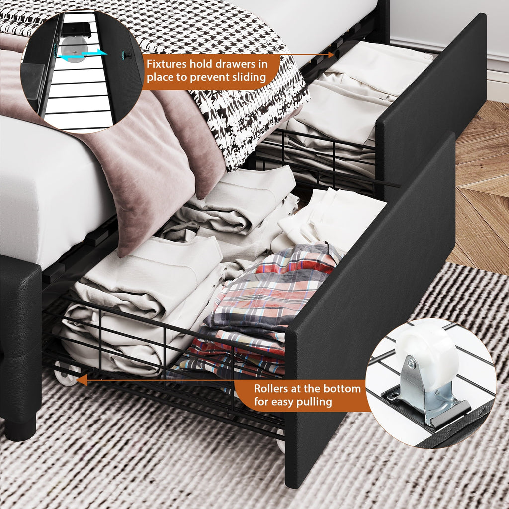 Homfa Faux Leather Storage Platform Bed Frame, King Black Bed Frame with 4 Drawers, Upholstered with Adjustable Headboard