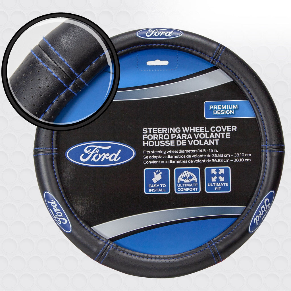 Plasticolor Ford Deluxe Series Universal Steering Wheel Cover, Black & Blue, 1 Pc, 1 lb