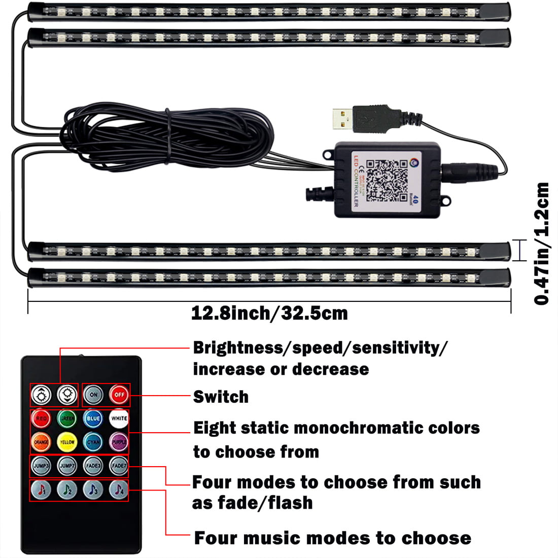 HXXF Interior Car Lights Car Accessories Car Led Lights APP Control with Remote Music Sync Color Change RGB Under Dash Car Lighting with USB Car Charger (RGB)