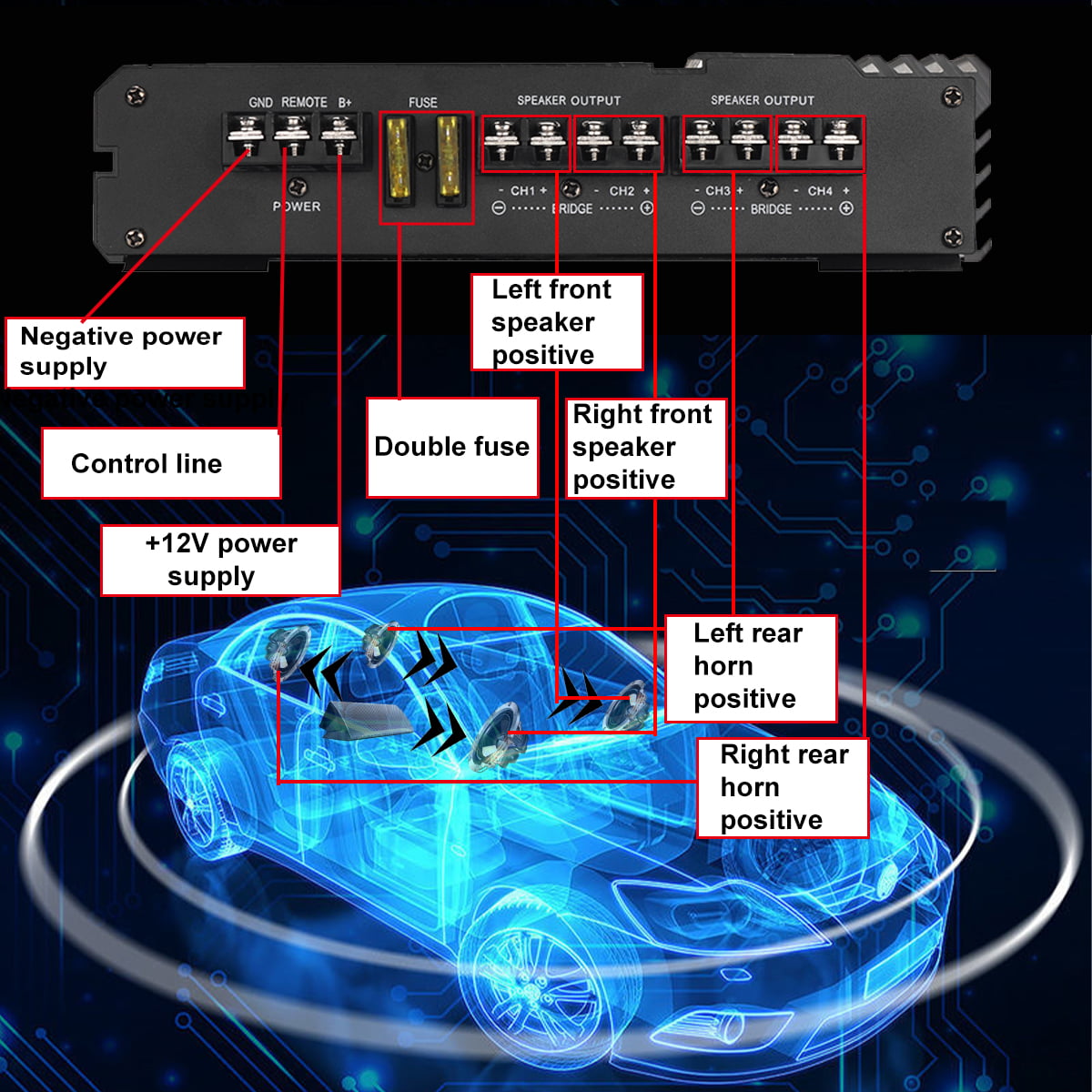 Sunbuck 9900 Watts 4 Channel Car Amplifier Stereo Audio Speaker Amp System Class A/B