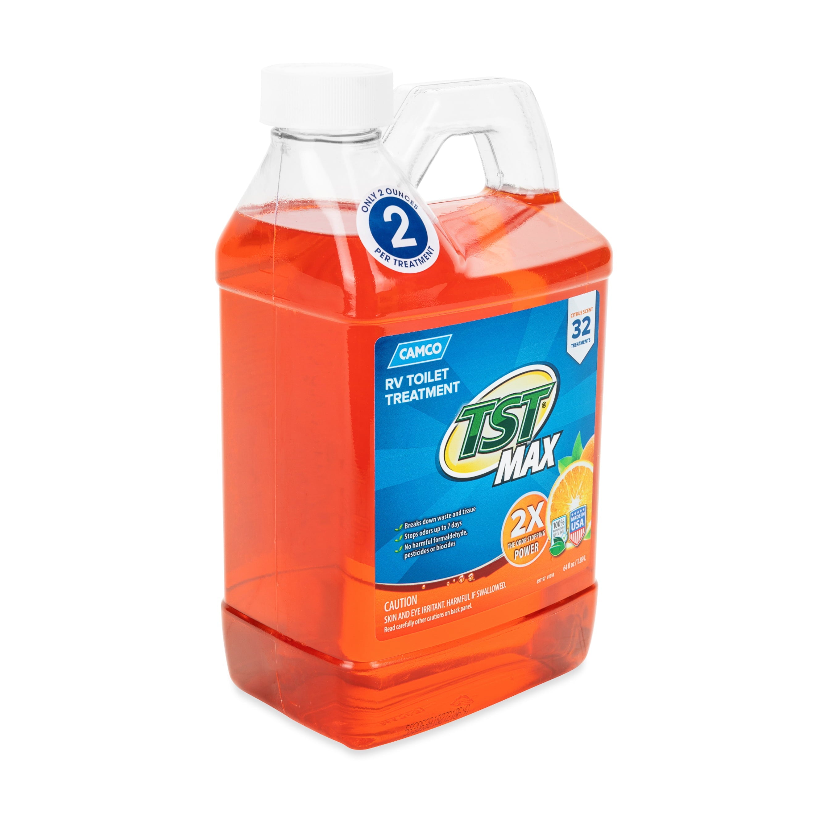 Camco TST MAX RV Toilet Treatment | Features a Biodegradable Septic Safe Formula and Orange Citrus Scent |  Ideal for Camping, Boating, and More | 64oz. (41195)