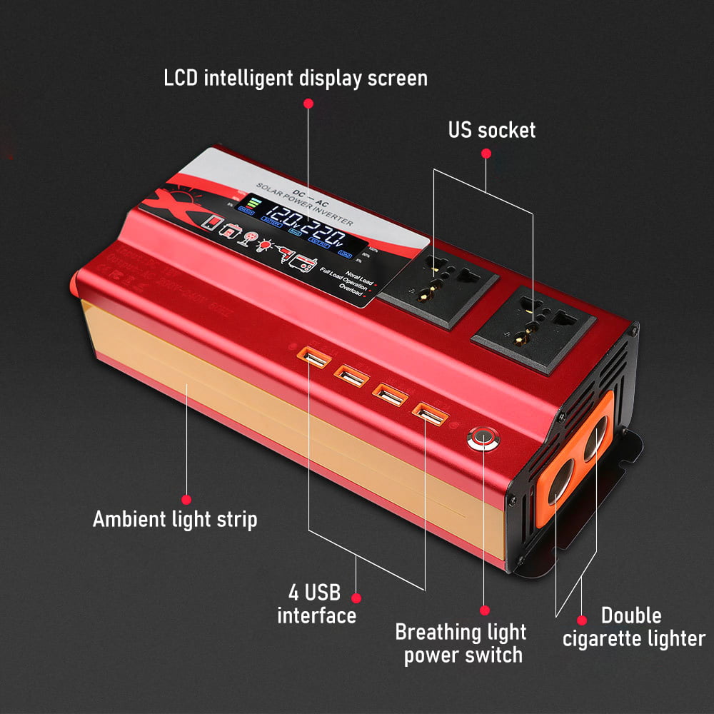 DFITO 3000W Vehicle Car Power Inverter DC 12V to AC 110V Converter LCD Display 4 USB