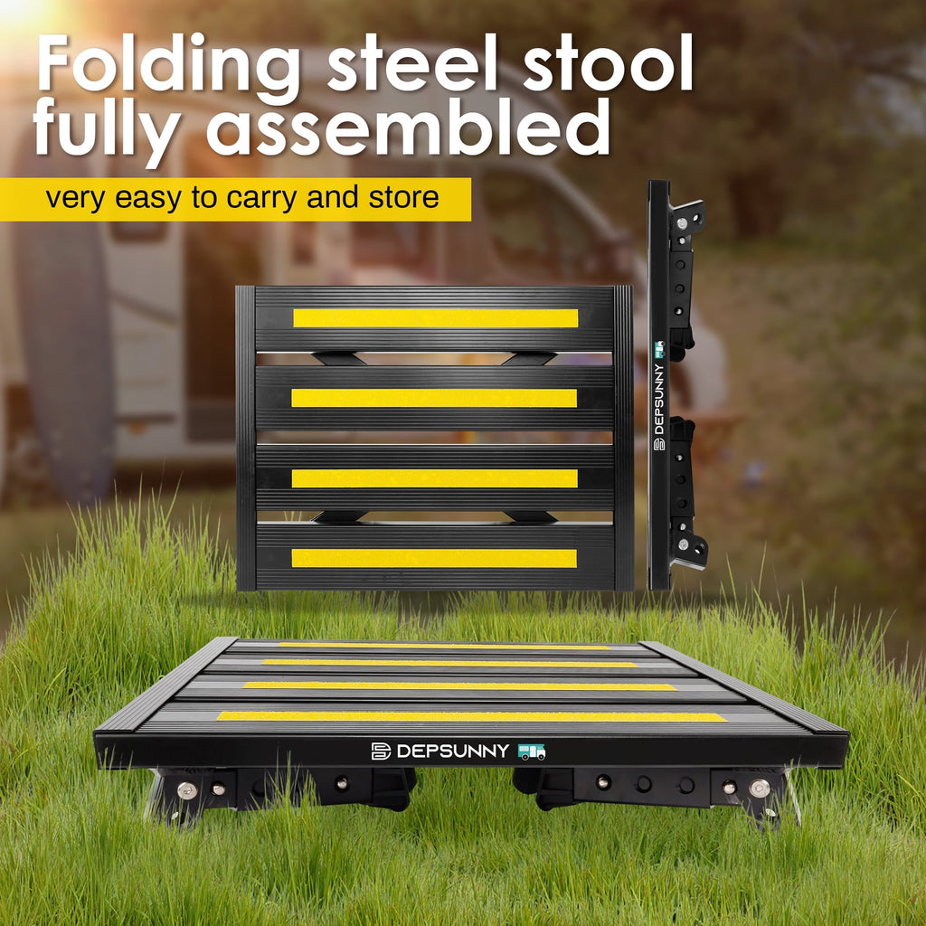 GanFindX Adjustable Height Aluminum RV Steps Stool Supports Up to 1,000 lb with Non-Slip Rubber Feet and Platform Mat, Black