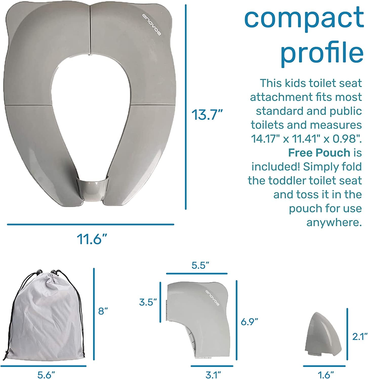 Enovoe Foldable Toddler Potty Seat - Portable Travel Potty Training Toilet Seat for Boys and Girls - Comfortable Non-Slip Attachment in Grey - Ideal Toddler Toilet Seat for Travel
