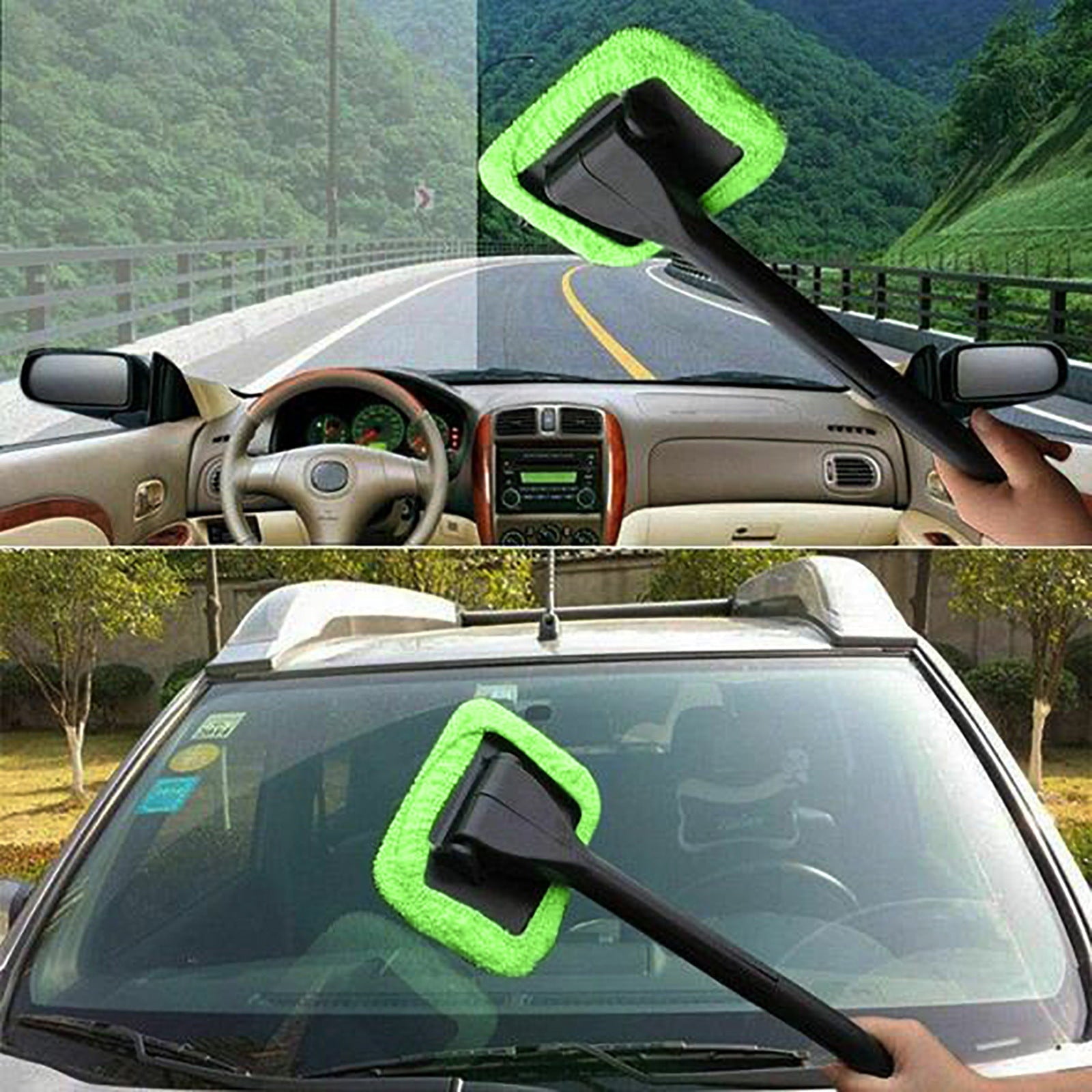 Herrnalise Windshield Cleaning Tool Car Window Cleaner with Extendable Long Handle Washable Reusable Microfiber Pads Auto Interior Exterior Glass Wiper Cleaning Kit Universal for Office and Home
