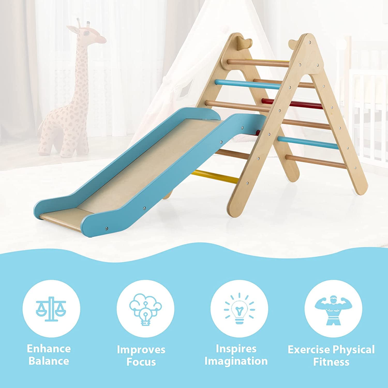 OLAKIDS Climbing Toys for Toddlers, 2 in 1 Montessori Kids Wood Triangle Climber with Ramp Ladder Slide for Gym Playground, Indoor Outdoor Climbing Toy Baby Play Structure Activity Set for Boys Girls