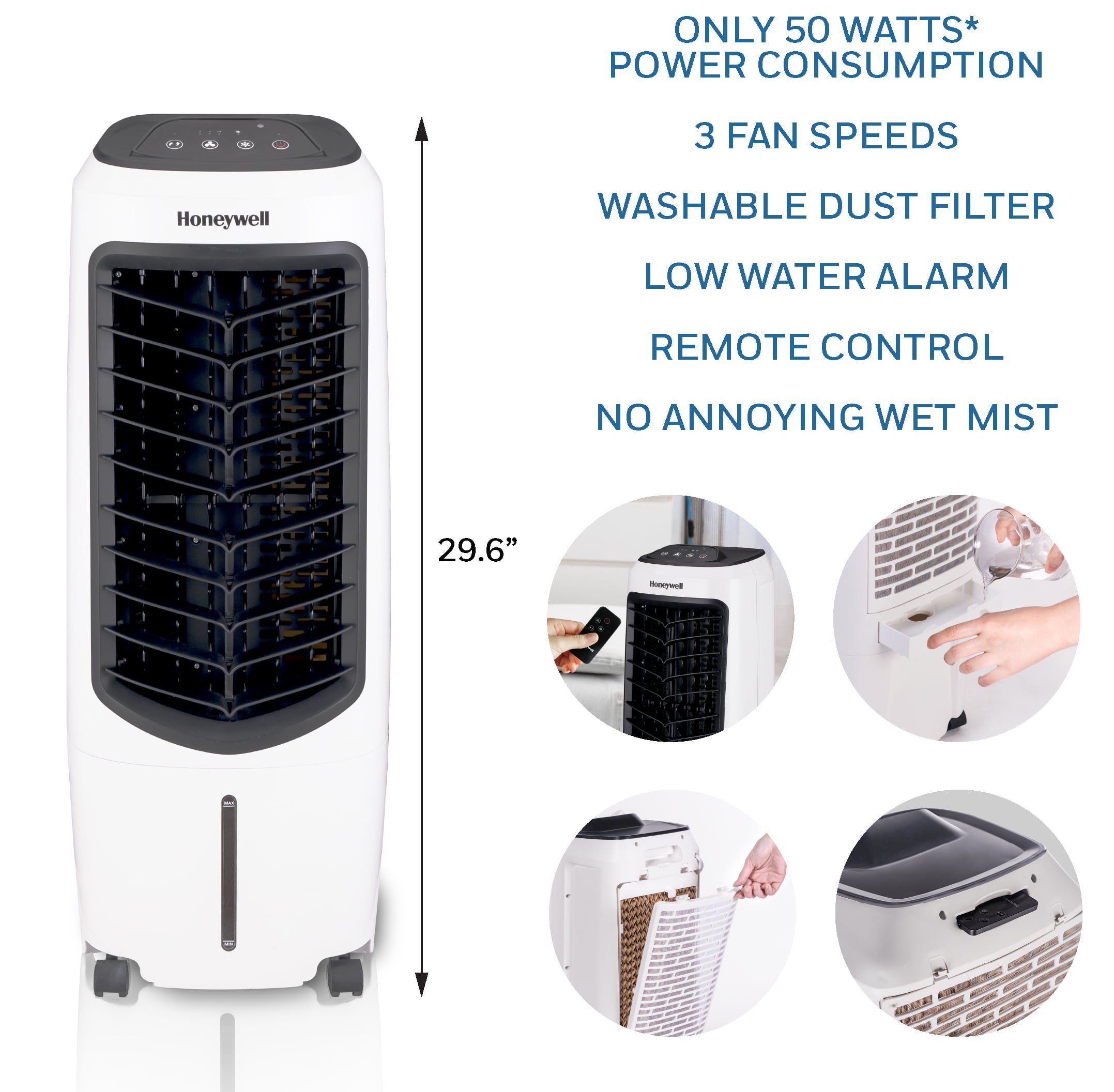 Honeywell Portable Evaporative Cooler with Fan, Humidifier & Remote, 29.6" TC10PEU, White