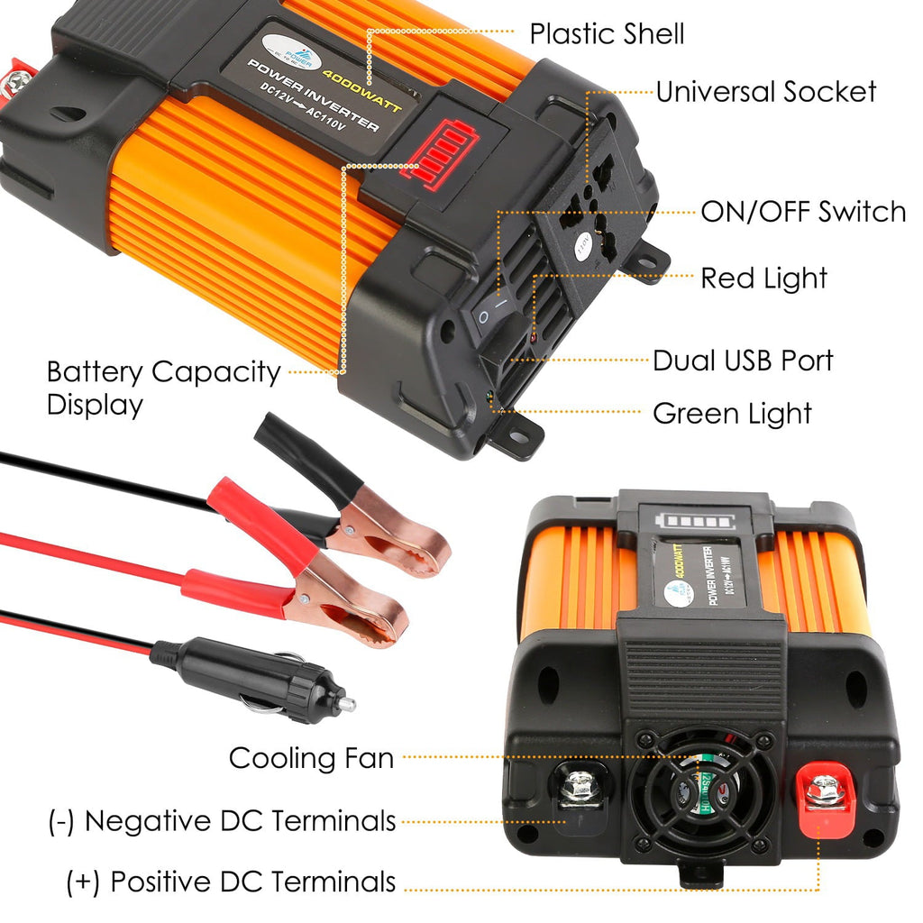 500W Power Inverter 4000W Peak Power DC 12V to 11oV AC Car Power Converter with Dual USB Ports AC Outlet with Car Charger Adapter, Multiple Protection for Caravan Laptop TV
