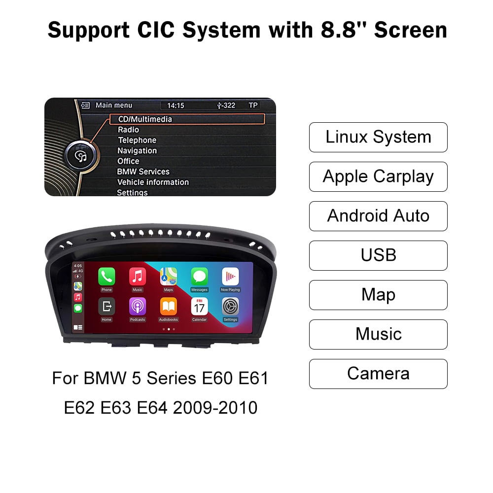 Road Top 8.8 inch Touch Screen Car Stereo for 2010-2012 BMW 5 Series E60 E90 E91 E92 E93 with CIC System Apple Carplay Android Auto Radio GPS Navigation for Car, Portable Car Stereo Screen