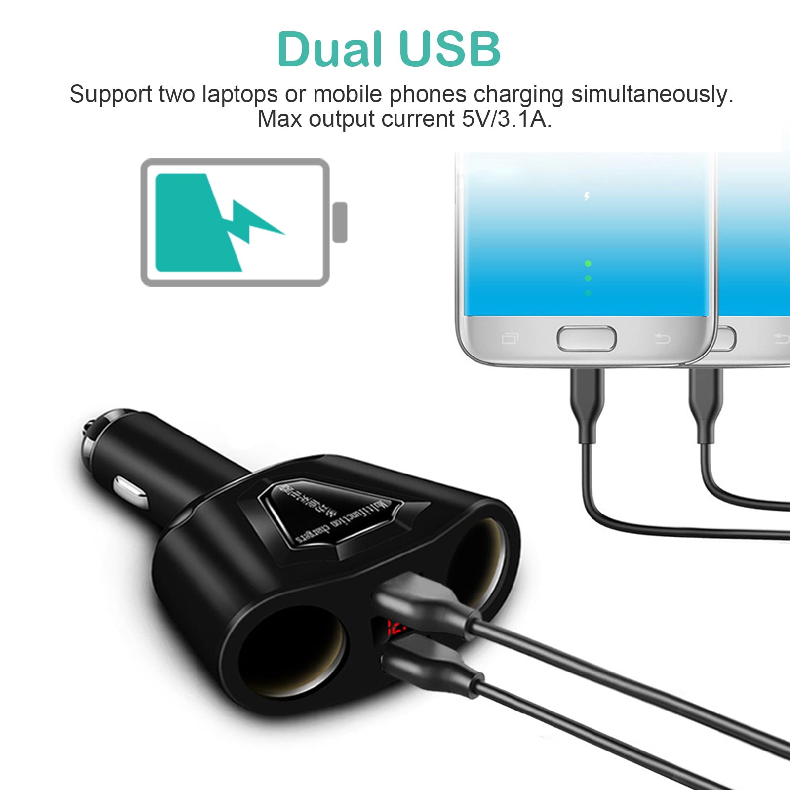 2 Socket Cigarette Lighter Splitter, TSV 120W Cigarette Lighter Adapter, Car Charger with Dual USB Ports 3.1A Outport for GPS/Dash Cam/Phone/Pad