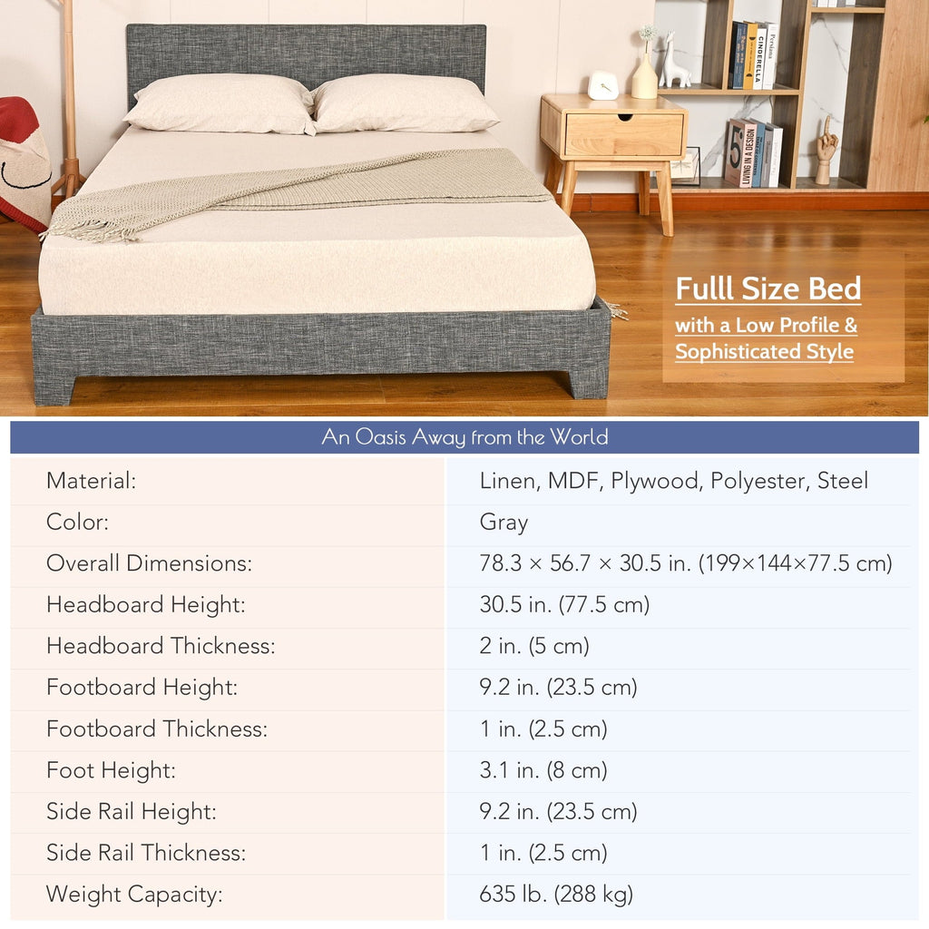 Bestco Sturdy Full Bed Platform with Headboard Steel Frame Wood Slats 635lb Cap, Gray