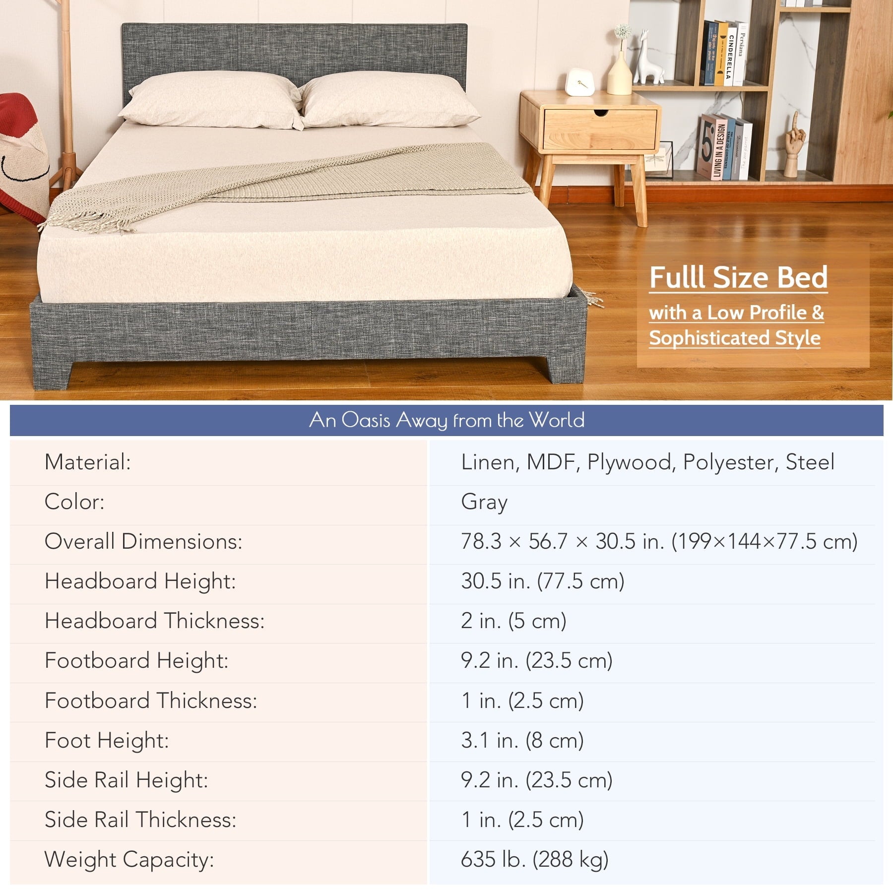 Bestco Sturdy Full Bed Platform with Headboard Steel Frame Wood Slats 635lb Cap, Gray