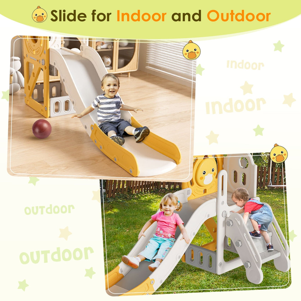 Suteck 5 in 1 Toddler Slide, Slide for Toddlers Age 1-3 with Basketball Hoop and Ball, Slide for Kids, Indoor Outdoor Backyard Playground Cute Duck Theme Baby Slide Toy Yellow