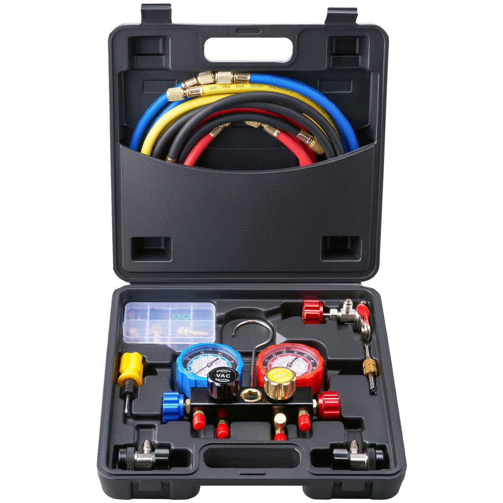 BENTISM 4-Way AC Manifold Gauge Set Fit R134A R22 R12 R502 Refrigeration Charging with Portable Case 4PCS Hoses for Air-Conditioning Refrigerator Maintenance